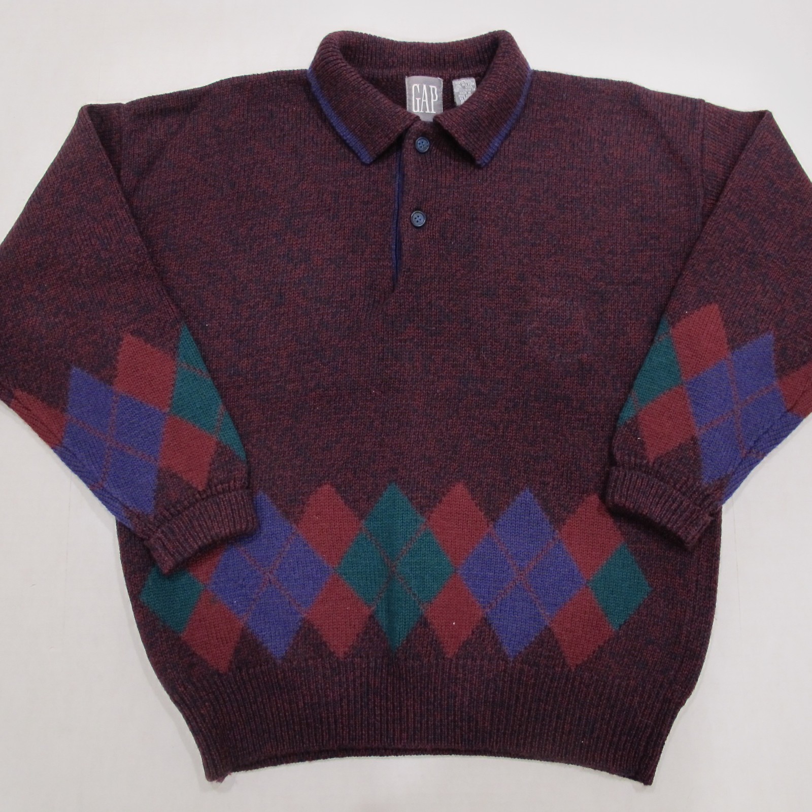 Vintage GAP Sweater Mens M Purple Argyle Polo Button Collar 100% Wool Old Money