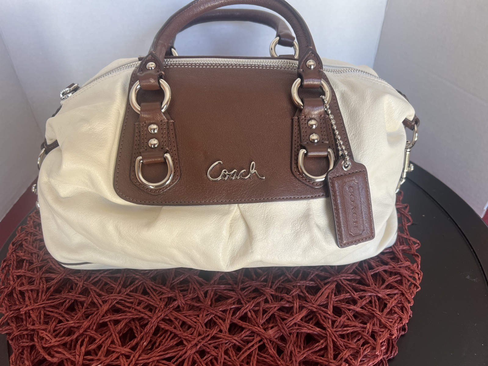 COACH Cream with brown Satchel Cross Body Shoulder Bag Purse w/keychain