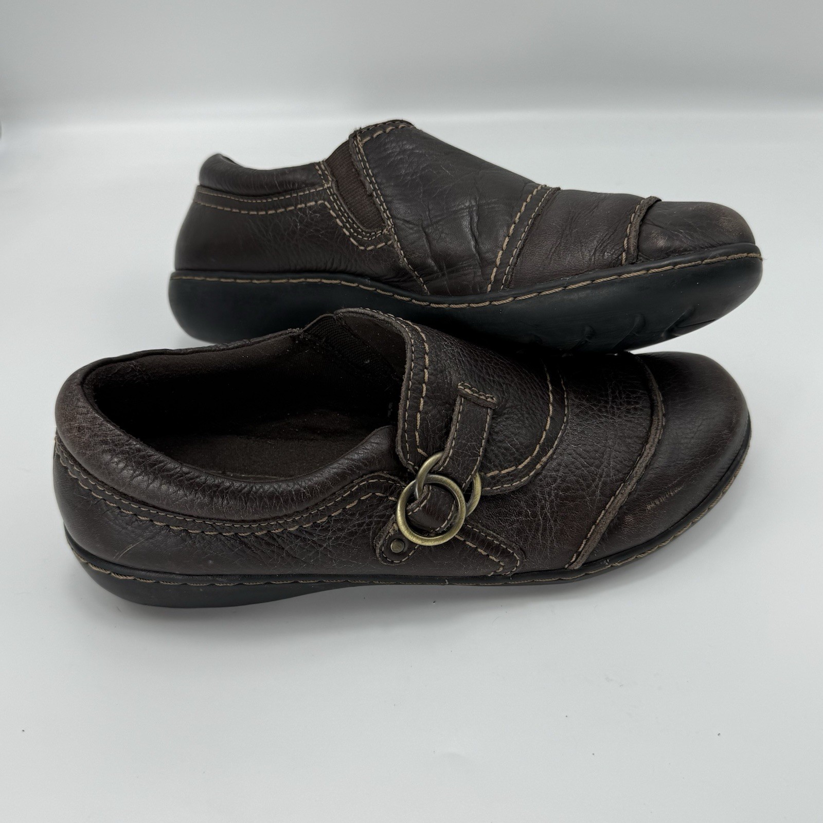 Clarks Ashland Indigo Brown Leather Casual Slip On Loafers Ladies Size 8.5