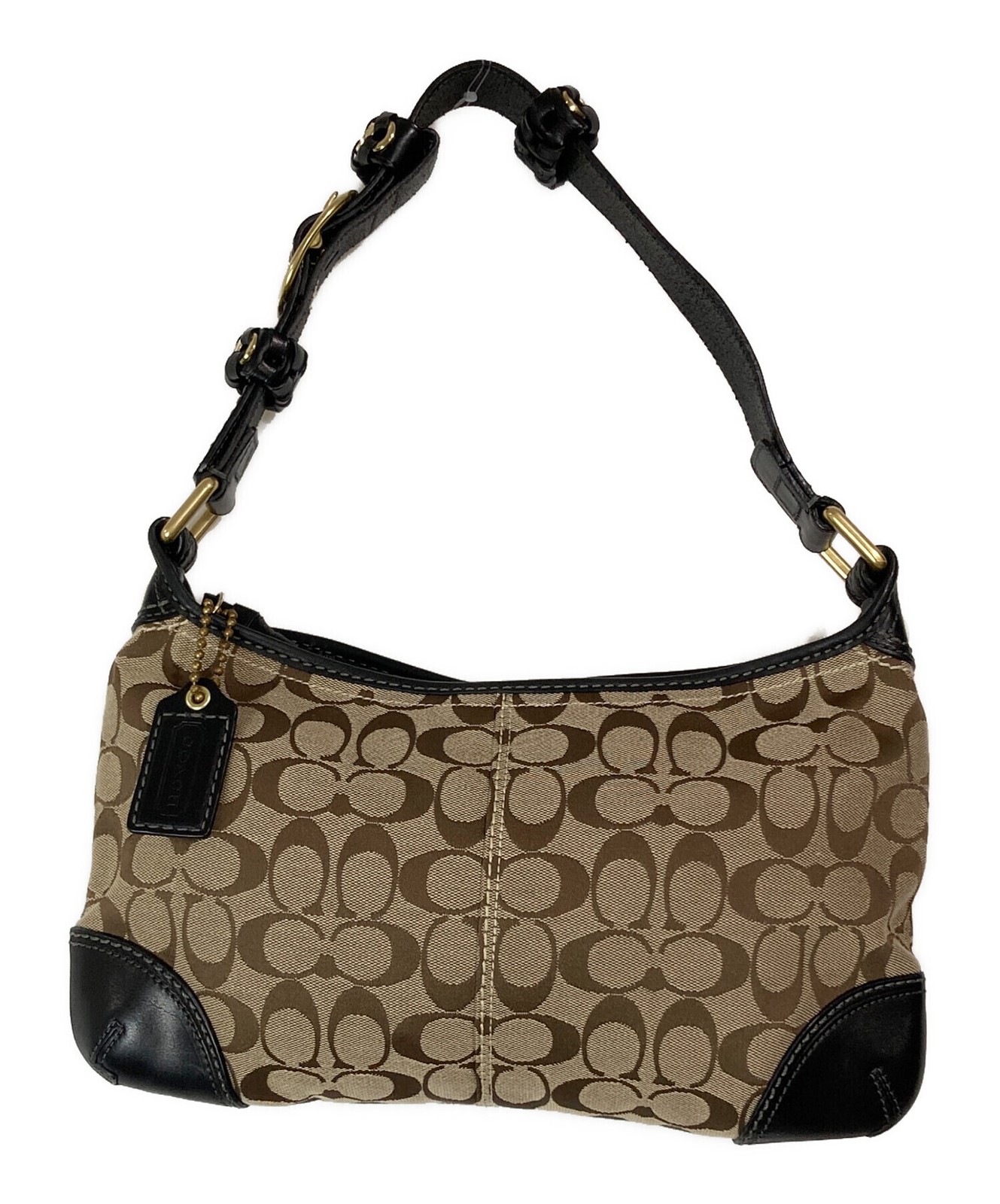 Coach Signature Beige Canvas Leather ShoulderBag Handbag Logo Gold Hardware Auth