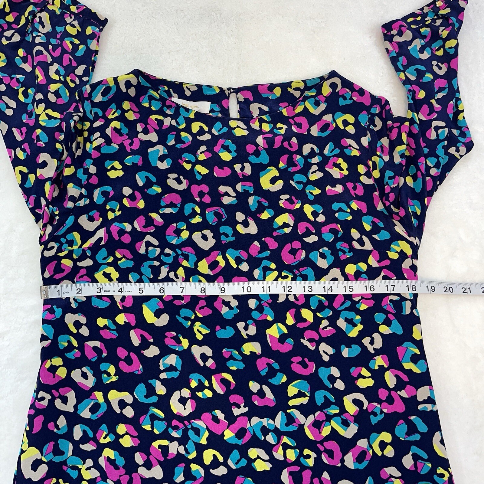 Britt Ryan Shift Dress Sz L Navy Leopard Multicolor 3/4 Slv 100% Silk Made In US