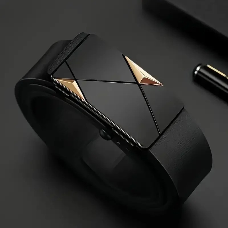 Men’s Automatic Buckle Belt Luxury Black Leather Ratchet Waist Belt Gift