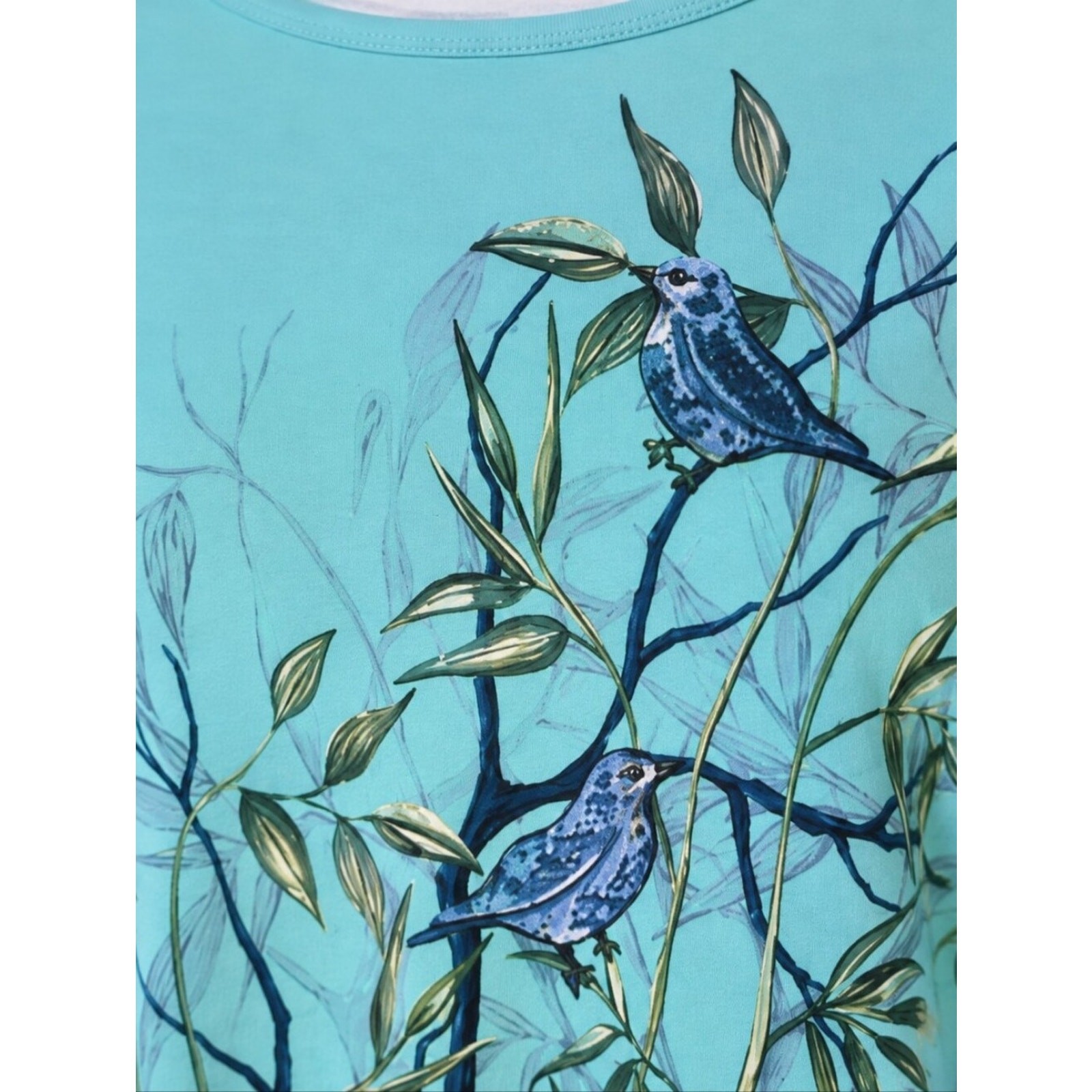 Quacker Factory Jean Bice Bird Print Cotton Tunic XL Aqua Botanical Nature Art