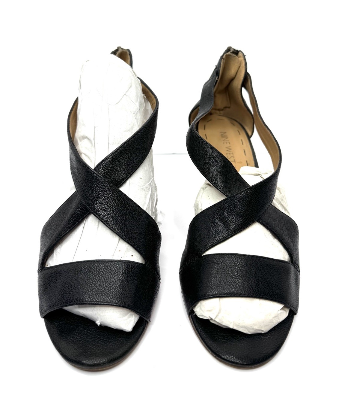 Nine West Women’s Black Leather Wedge Sandals Strappy Peep Toe Size 7M