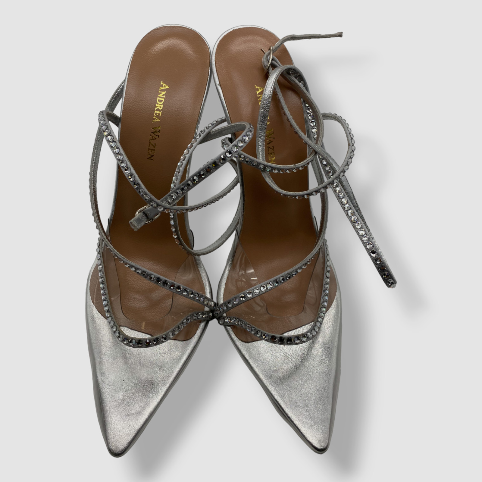$695 Andrea Wazen Women’s Silver Dassy Sunset PVC Ankle Wrap Pump Heels Shoes 36