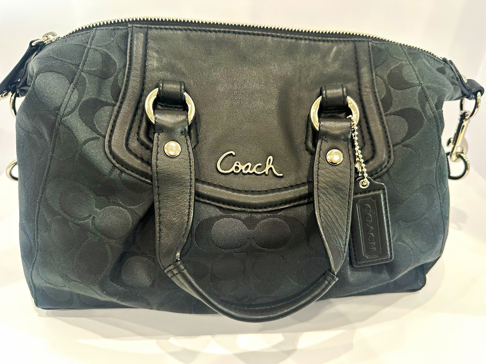 Coach Black Signature Monogram Satchel Zip Top Detachable Strap Charm Silver