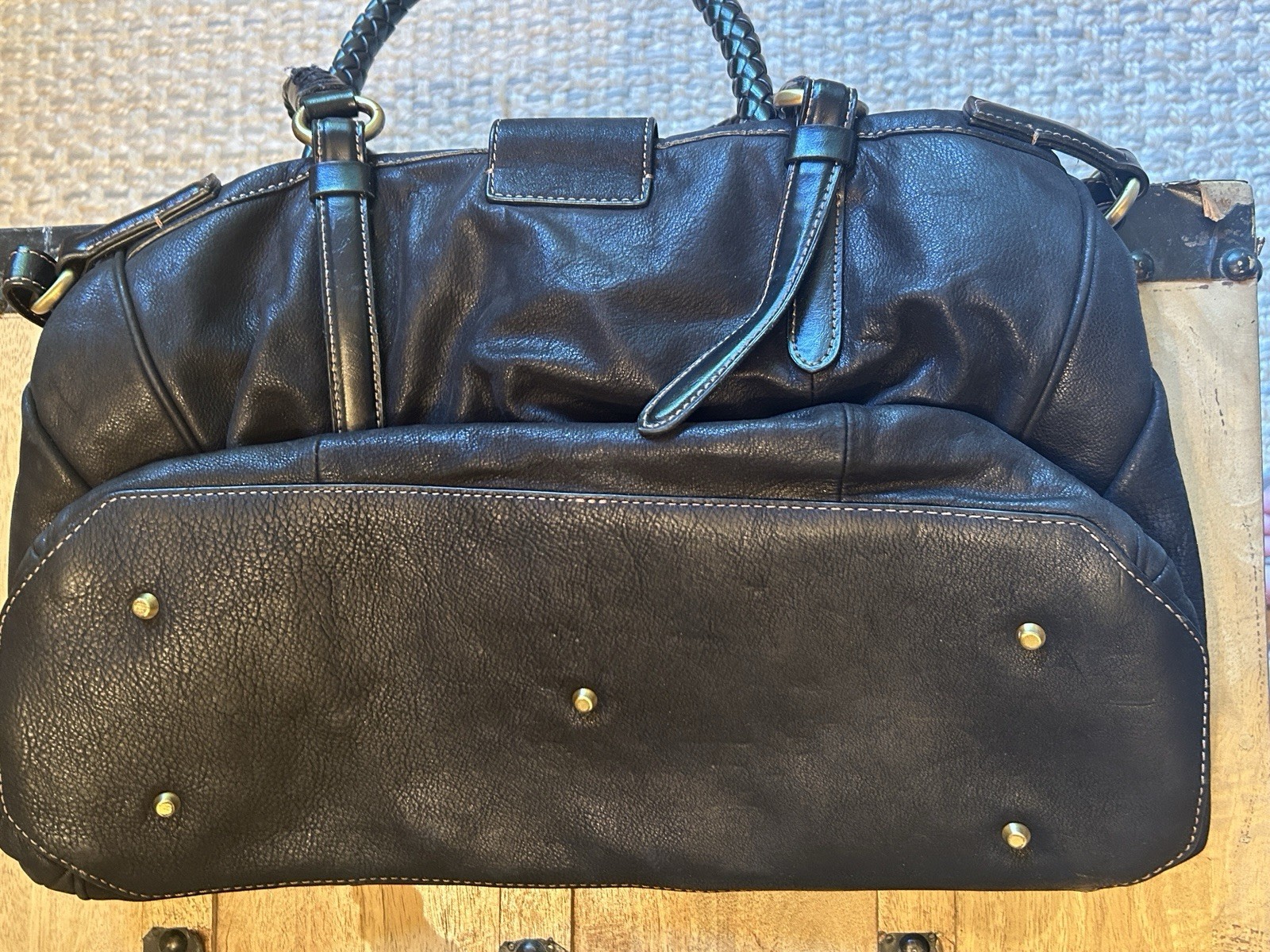 Francesco Biasia Black Leather Shoulder Bag Buckle Accent Zip Top Brass Hardware