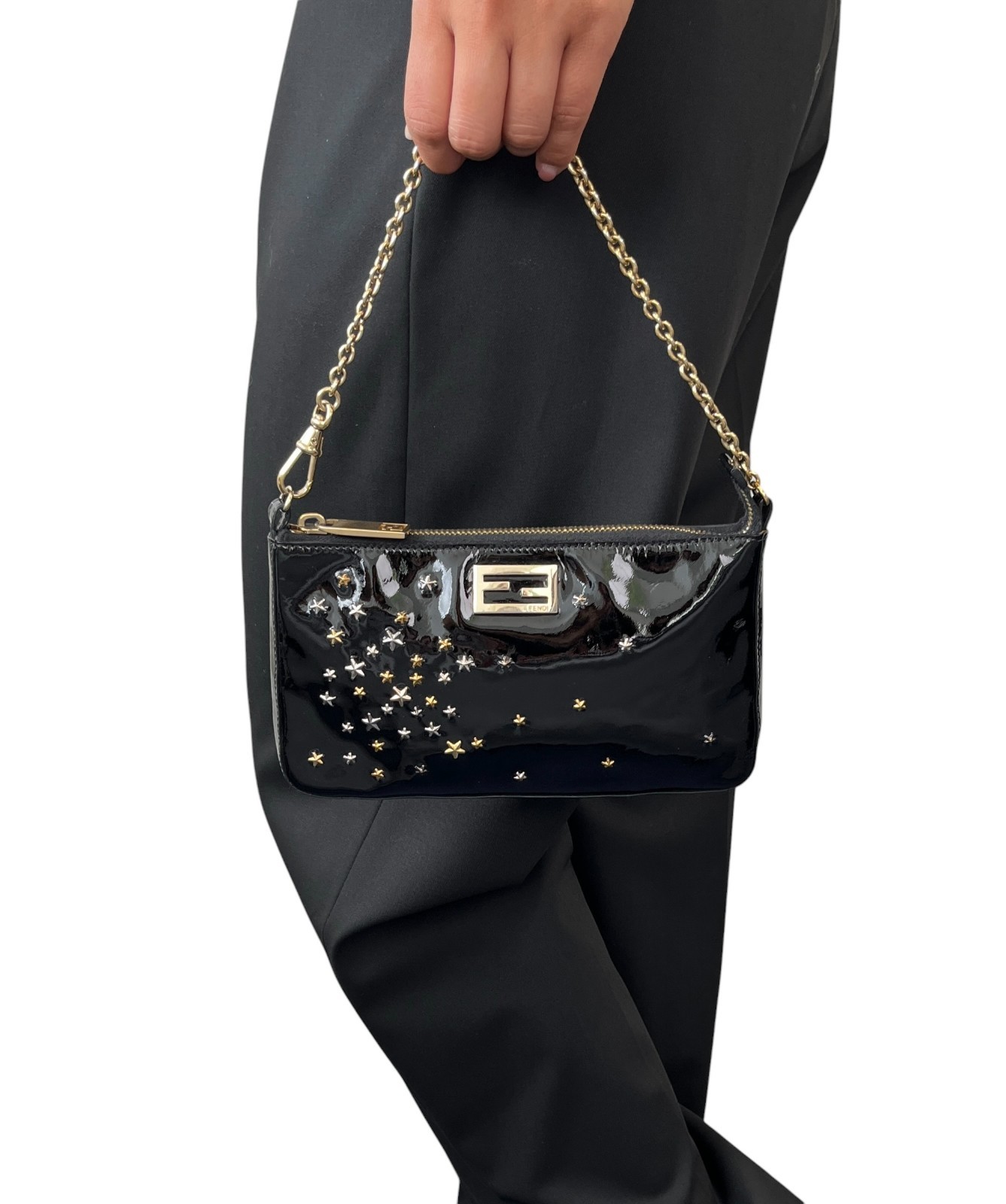 FENDI Vintage FF Logo Star Studs Mini Chain Shoulder Bag Black Gold 902276