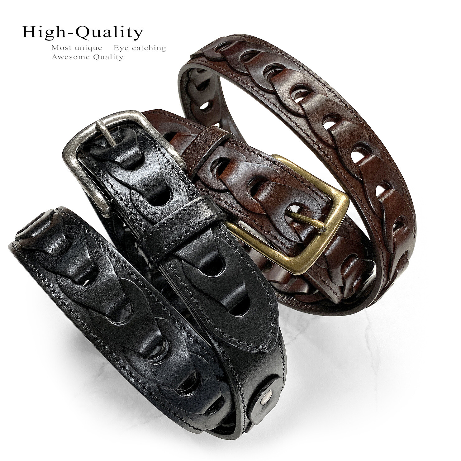 Men’s Braided Genuine Full Leather Casual Jean Belt 1-1/2″ Wide, Black Brown