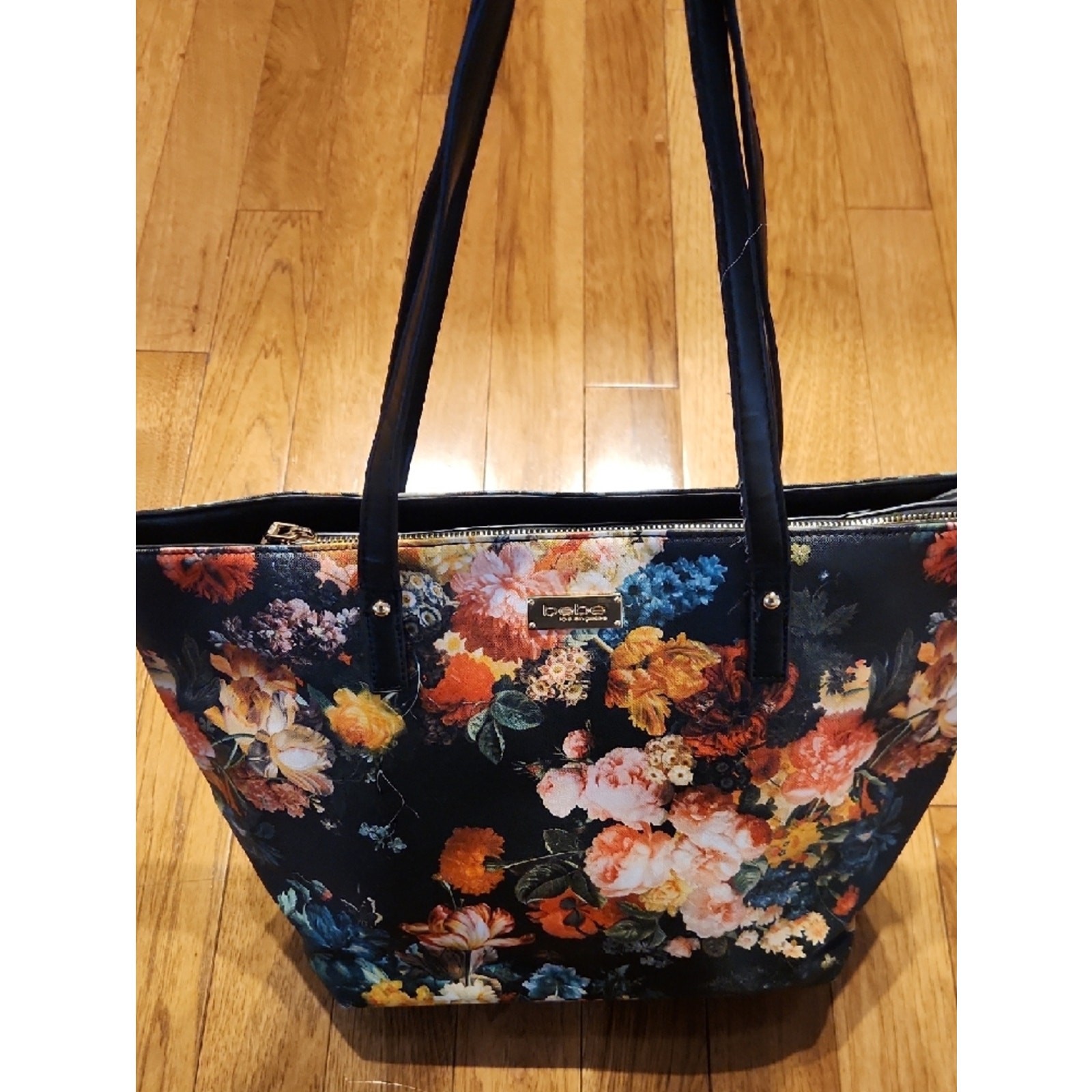 Bebe Black Floral Tote with Multicolor Bouquet P-004