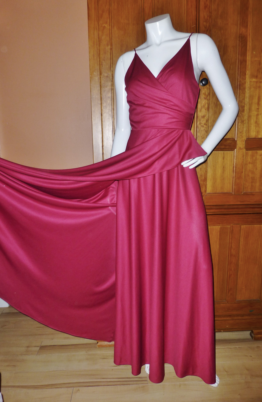 Vtg 70s Goddess Burgundy Silky Jersey Cascading Drape Evening Maxi DRESS Gown SM