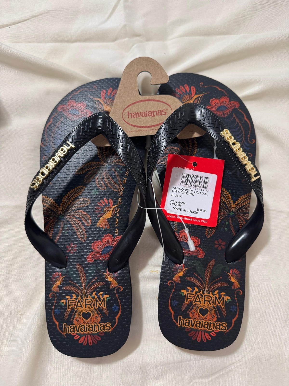 Havaianas x FARM Rio Flip-Flops – Black Floral – Women’s 7/8W 6/7M – New w/ Tags