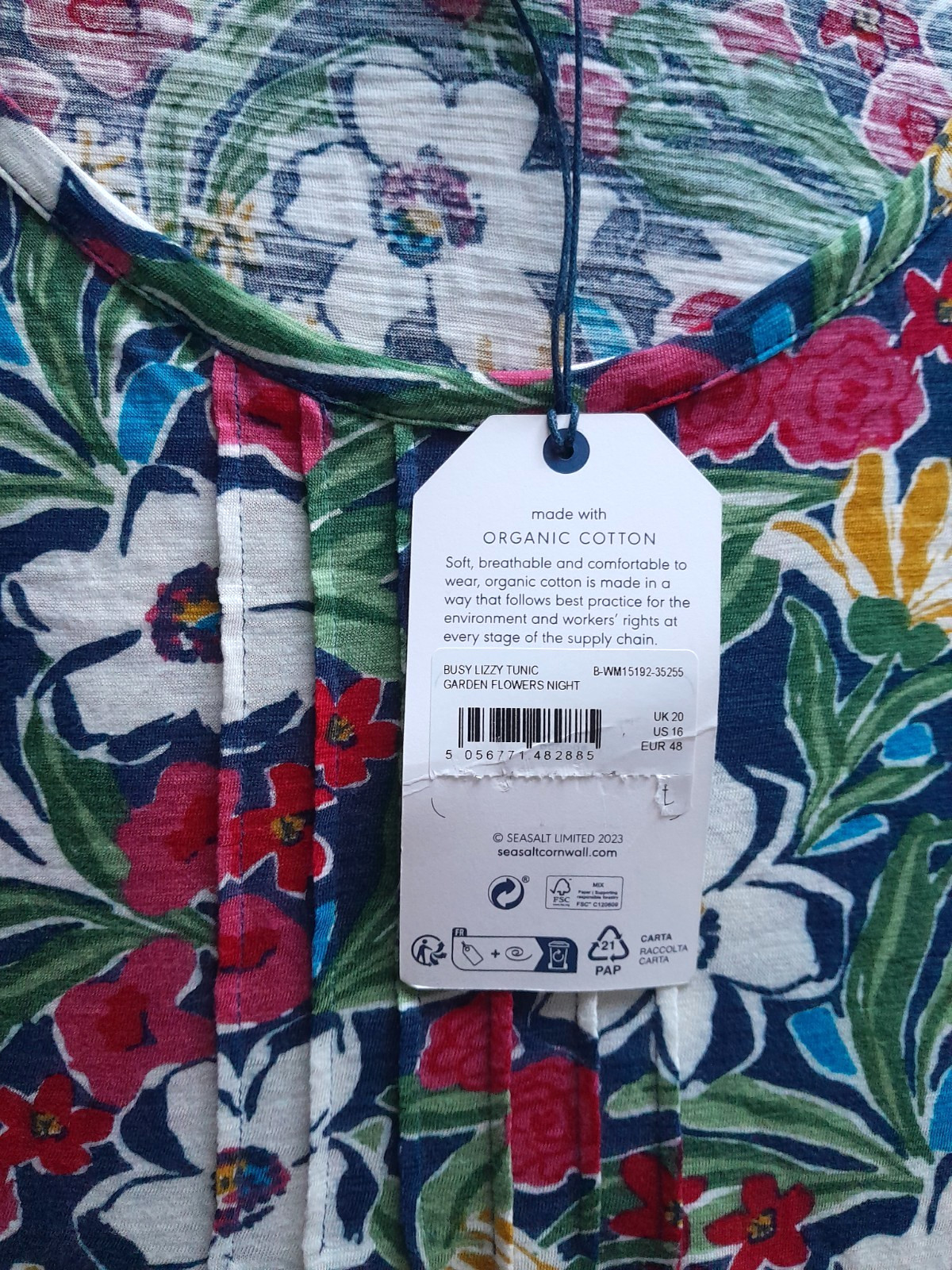 Seasalt jersey tunic, garden flowers, pink.green/white, size 20