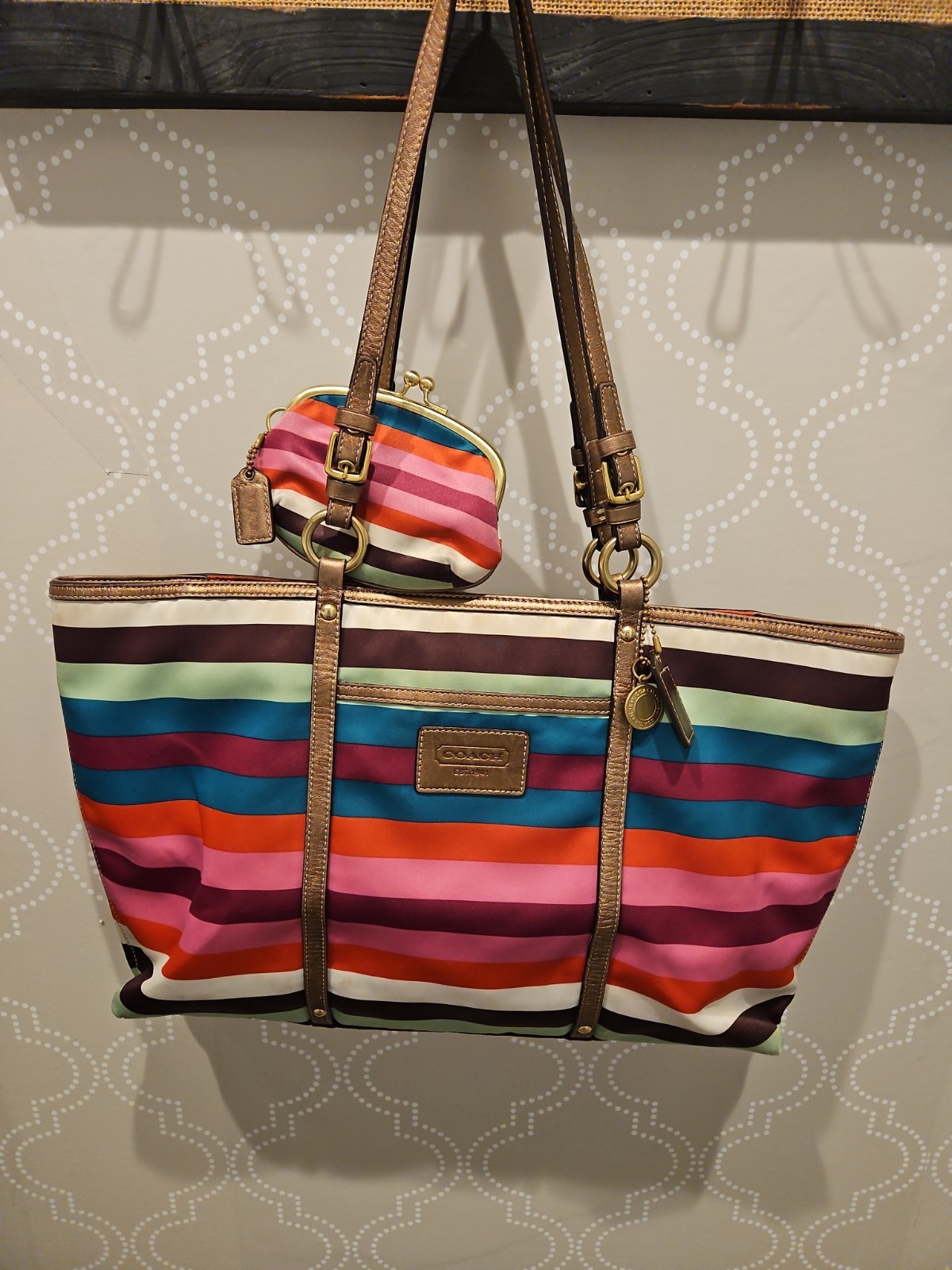 Coach Legacy Tote Purse Bag Striped Canvas Leather Trim Coin Purse F0926-F14010
