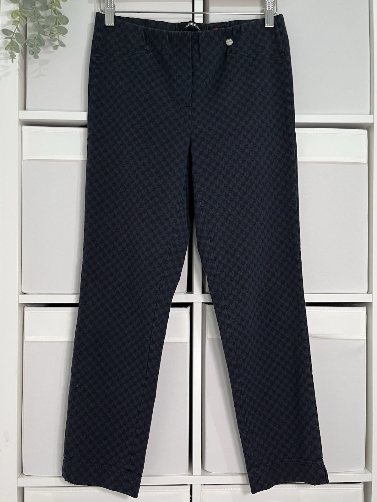Robell Rose Trousers Size 12 Navy Geometric Pull On Elastic Waist W30 L26