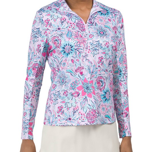 GOTTEX Golf Tennis Kate Mock Neck Quarter Zip Top Purple Flower S XL NEW