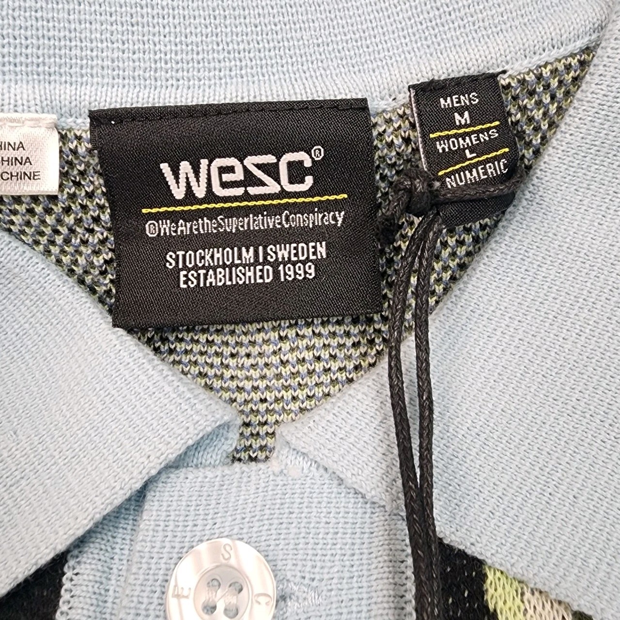 NWT WESC Button Down Sweater Men’s Large Polo Collar Cardigan Rippled Winter Sky