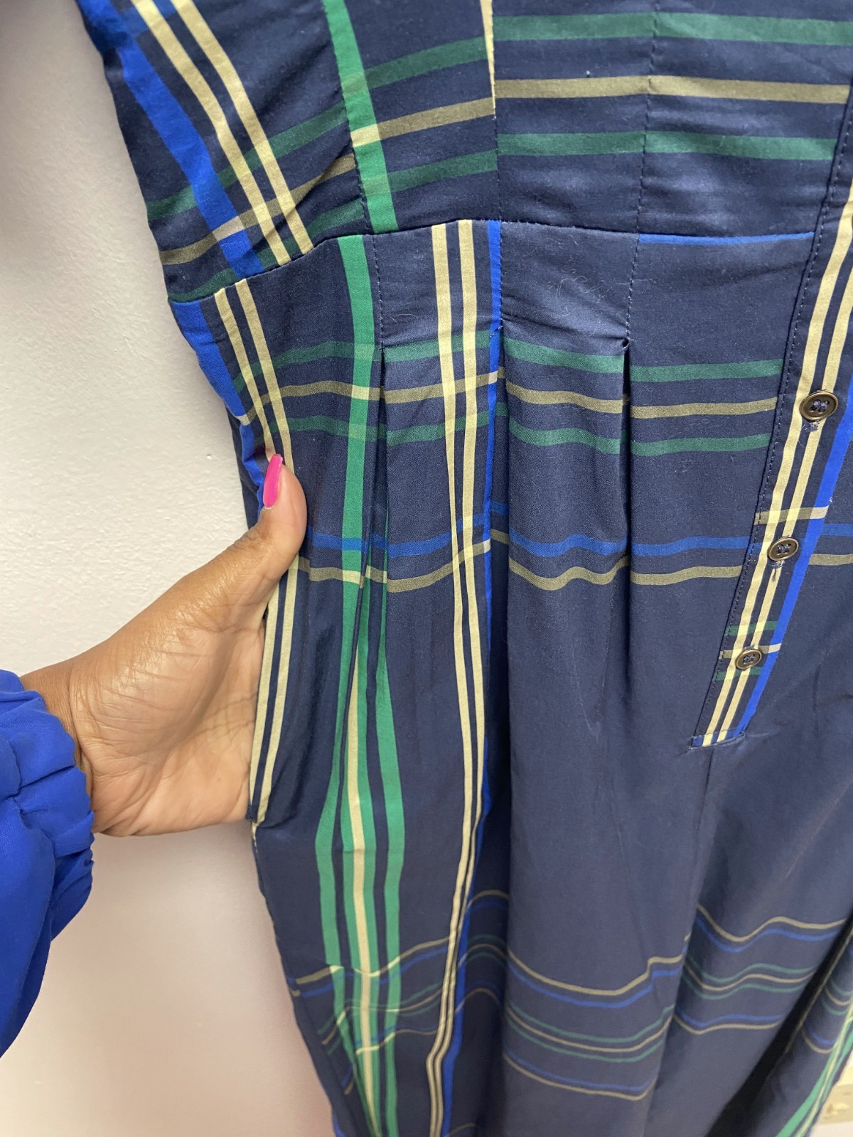 Aureum Short Sleeve Jumpsuit Bethany Blue Green Plaid Pleated Waist Cropped S