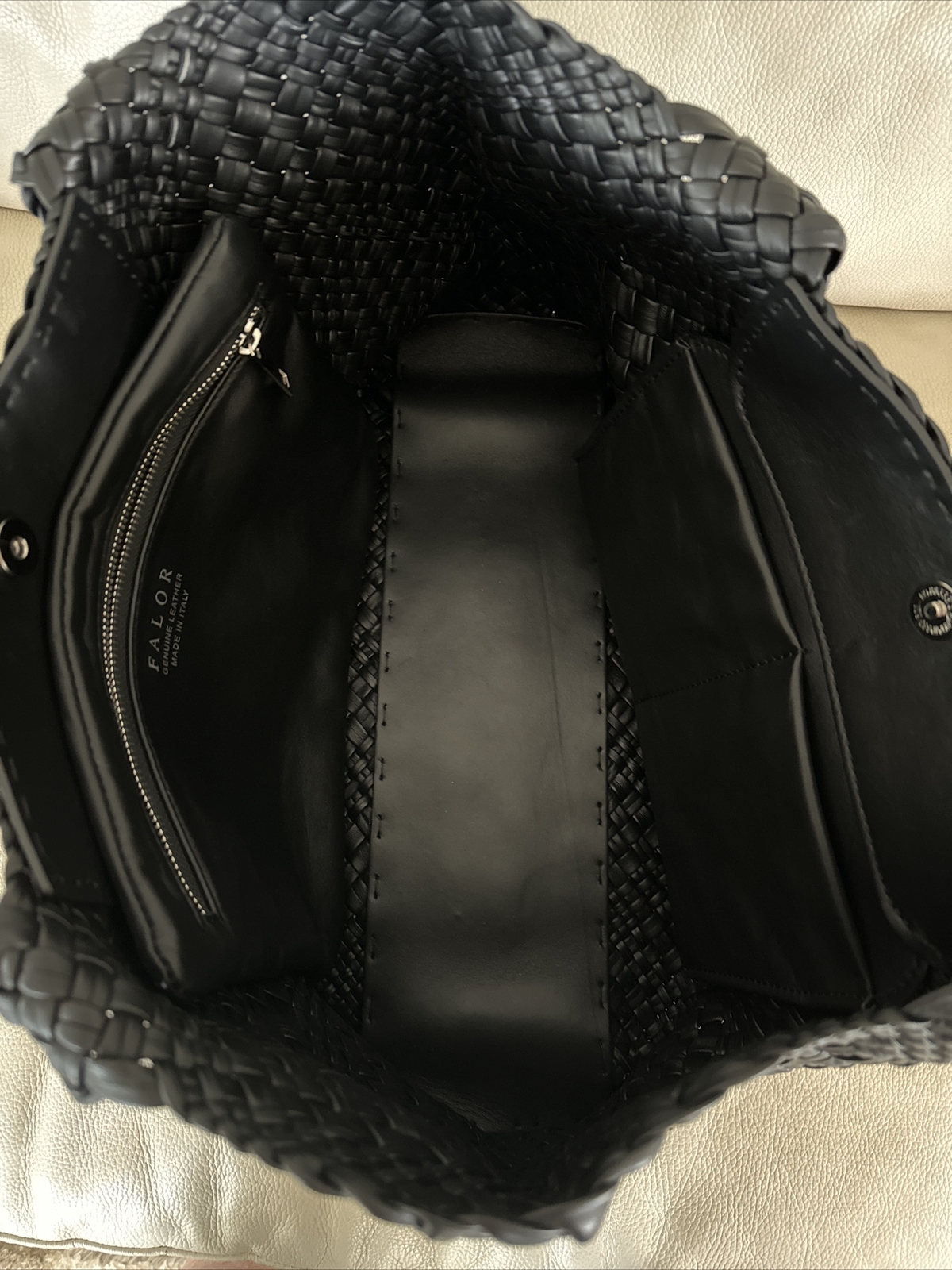 FALOR -ITALIAN Woven Soft Leather ~BLACK Tote Shoulder Bag XL NWT