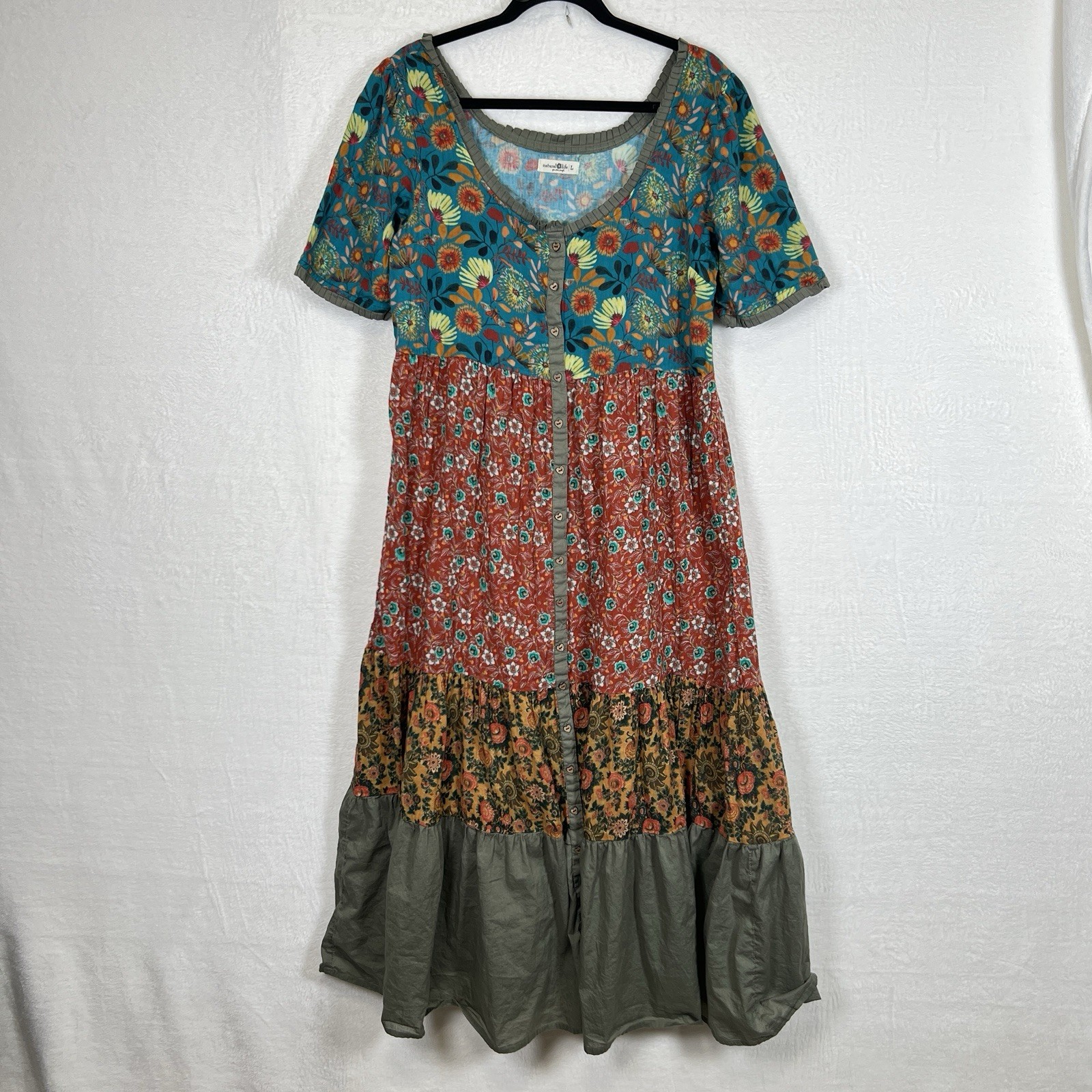Natural Life Maeve Tiered Maxi Dress Sz L Floral Patchwork Ruffle Boho Cottage