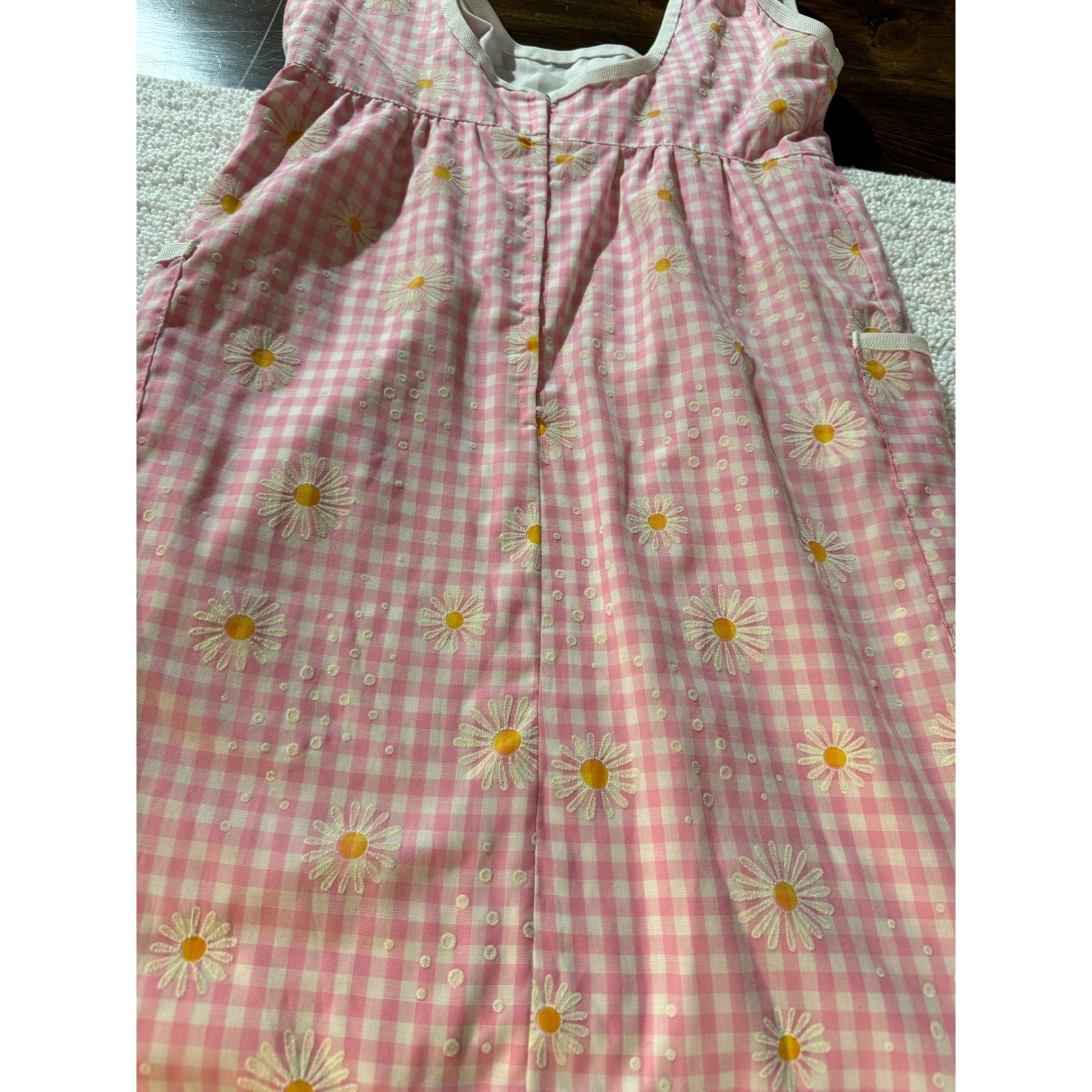 Pink Gingham Daisy Embroidered Pinafore Dress with Pockets Square Neck HOMEMADE