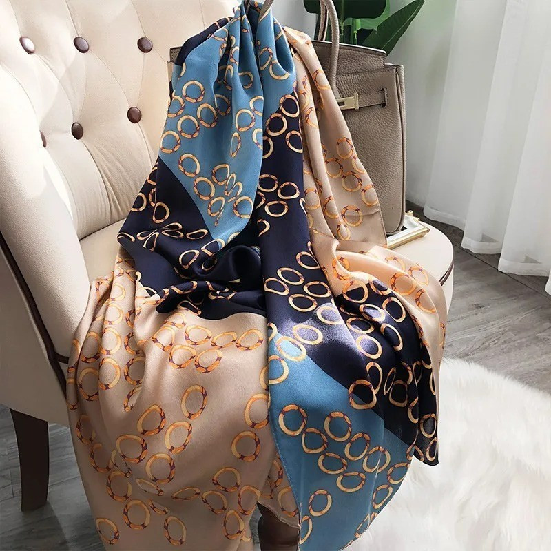 180X80Cm Large Print Silk Scarf Women Luxury Satin Shawl Wrap Hijab Bandana Beac