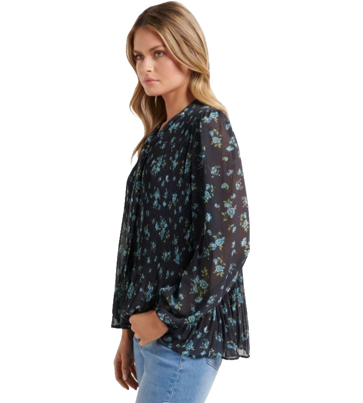 MNG Mango Pleated Floral Blouse Womens 6 Relaxed Necktie Black Cottage Romantic