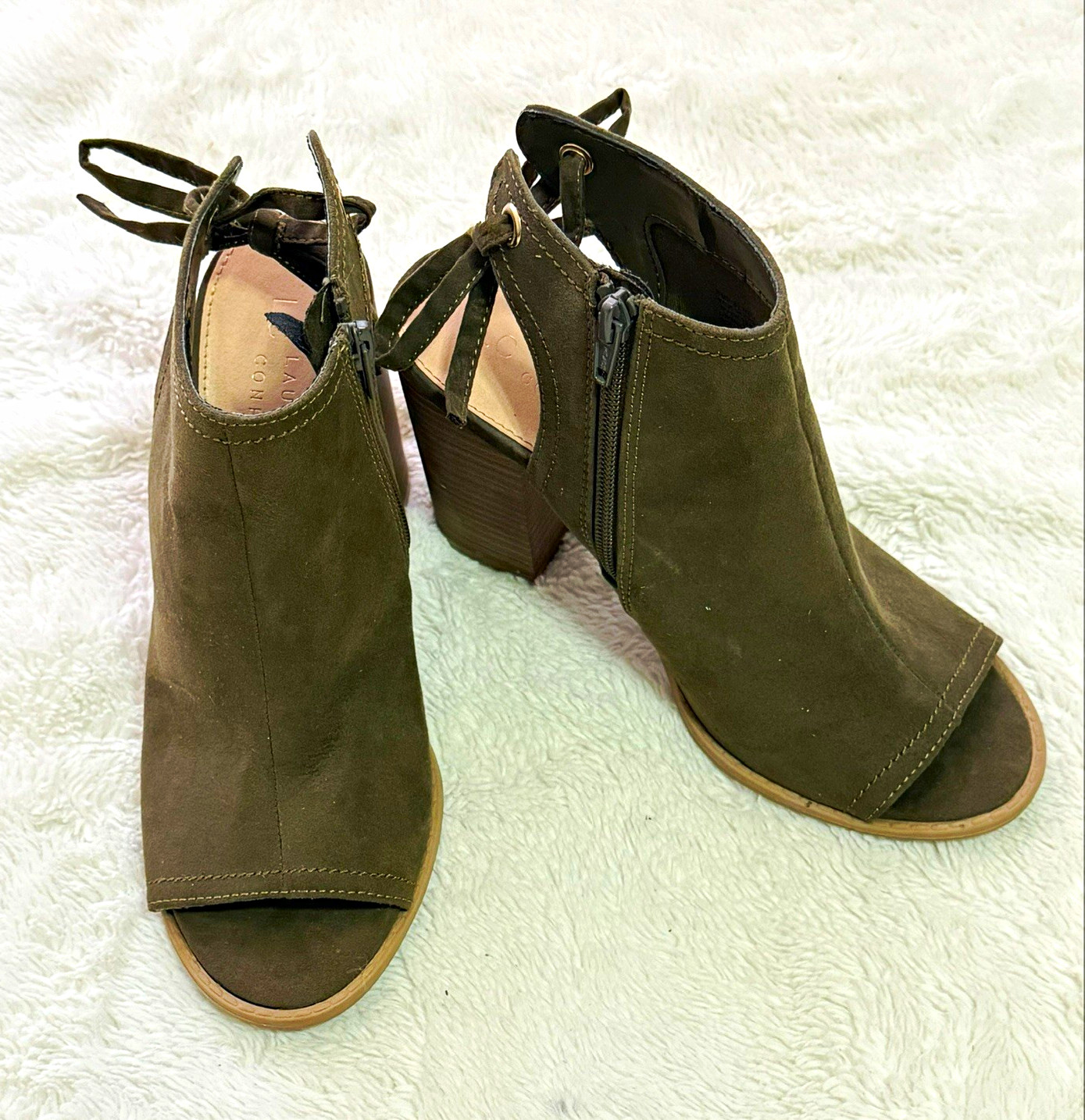 LC Lauren Conrad Sunflower Green Open Toe Ankle Bootie Canvas Zip Lace-Up 8.5