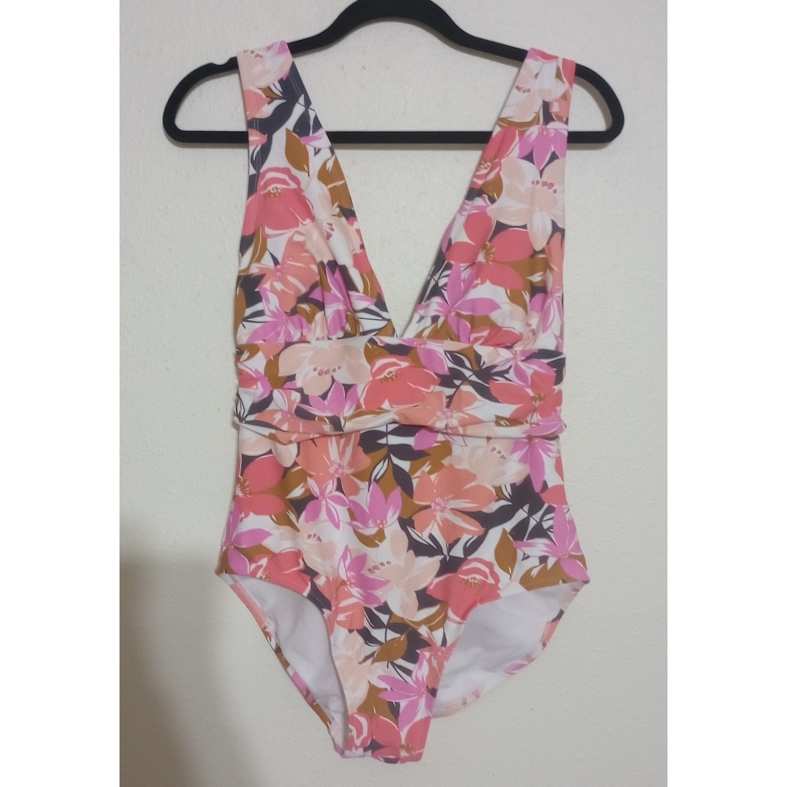 Kona Sol Womens Floral V-Neck One Piece Swimsuit Size L Cutout Tie Back