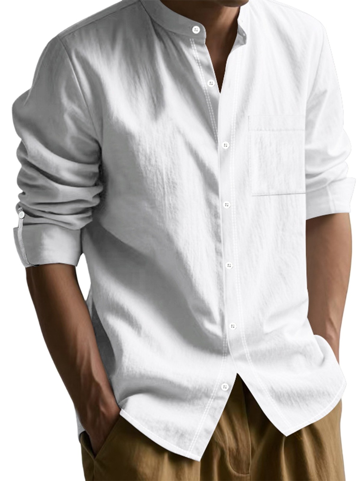 1x (men’s linen shirts, long sleeve, button placket, stand-up collar, beach shirt 9519