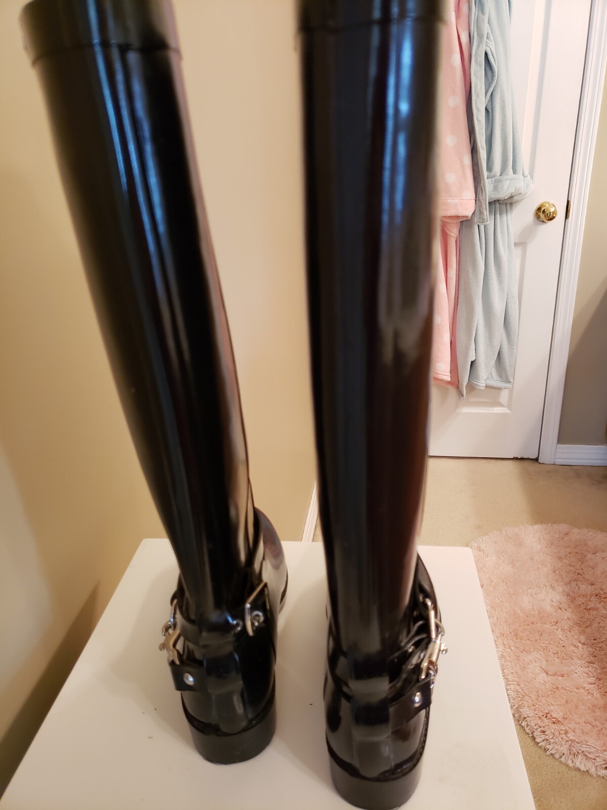 🖤COACH 🖤LORI🖤 BLACK Tall Rubber Rain Boots, Size 5, Pull On, Silver Buckle