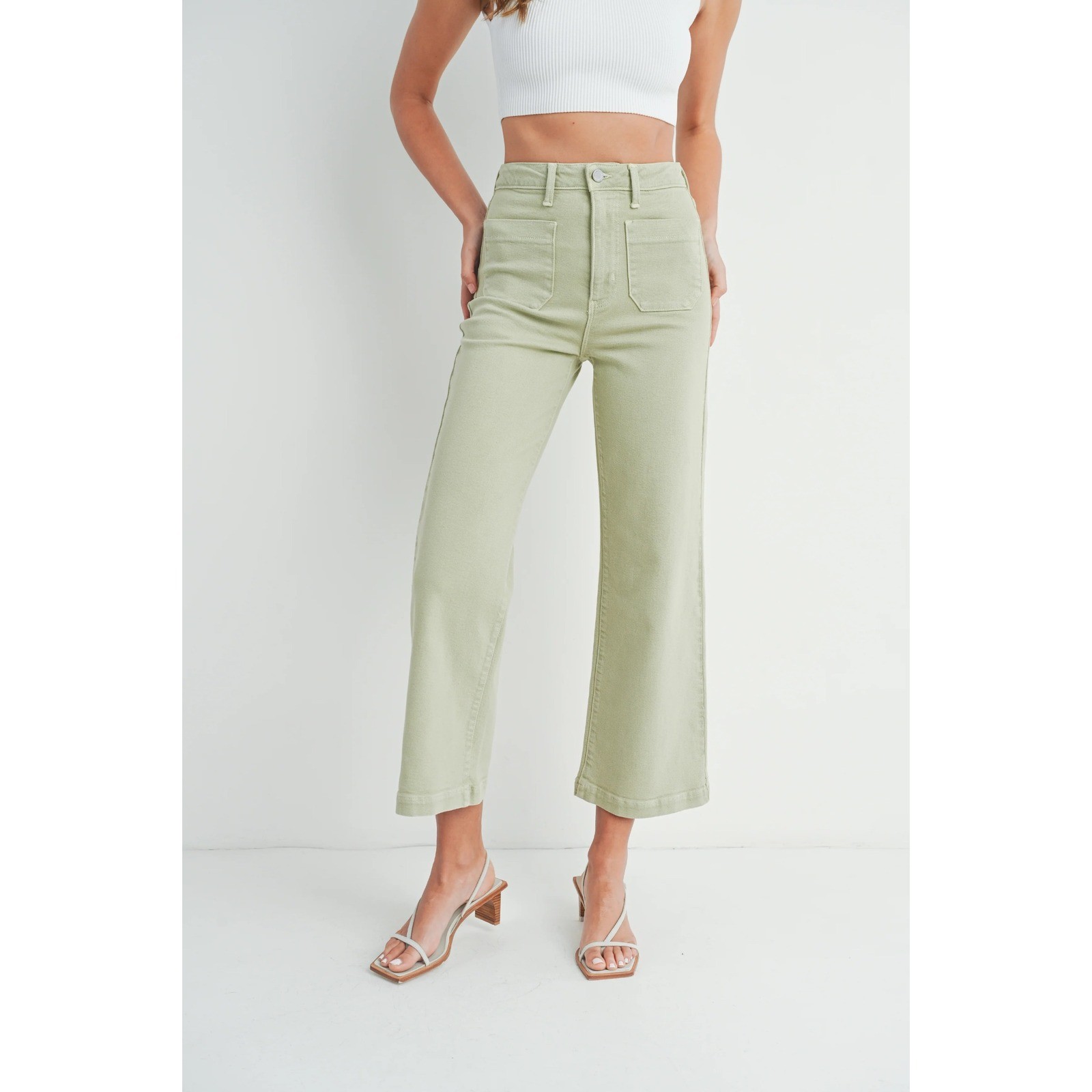 Just Black Denim The Sailor Pocket Wide Leg Jeans Sage Green Made in USA Size 29