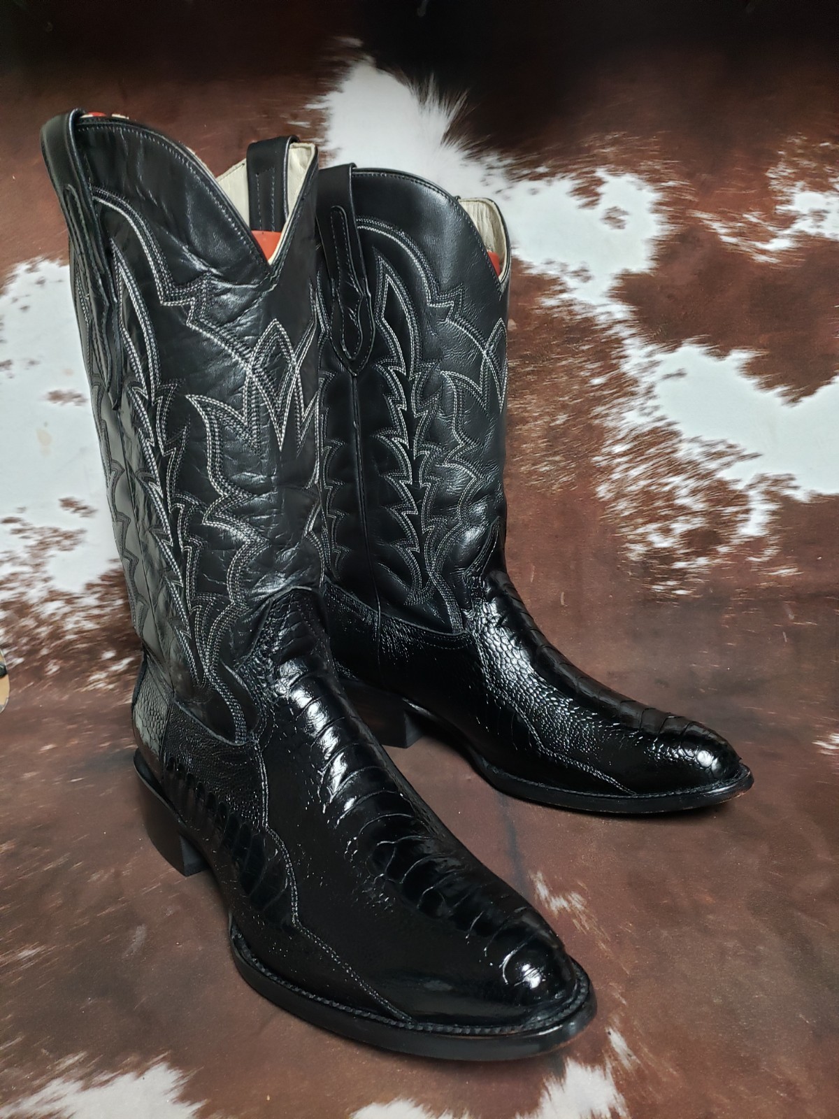 J Chisholm Vintage Genuine Ostrich Leg Black Western Cowboy Boots Mens 12 EE