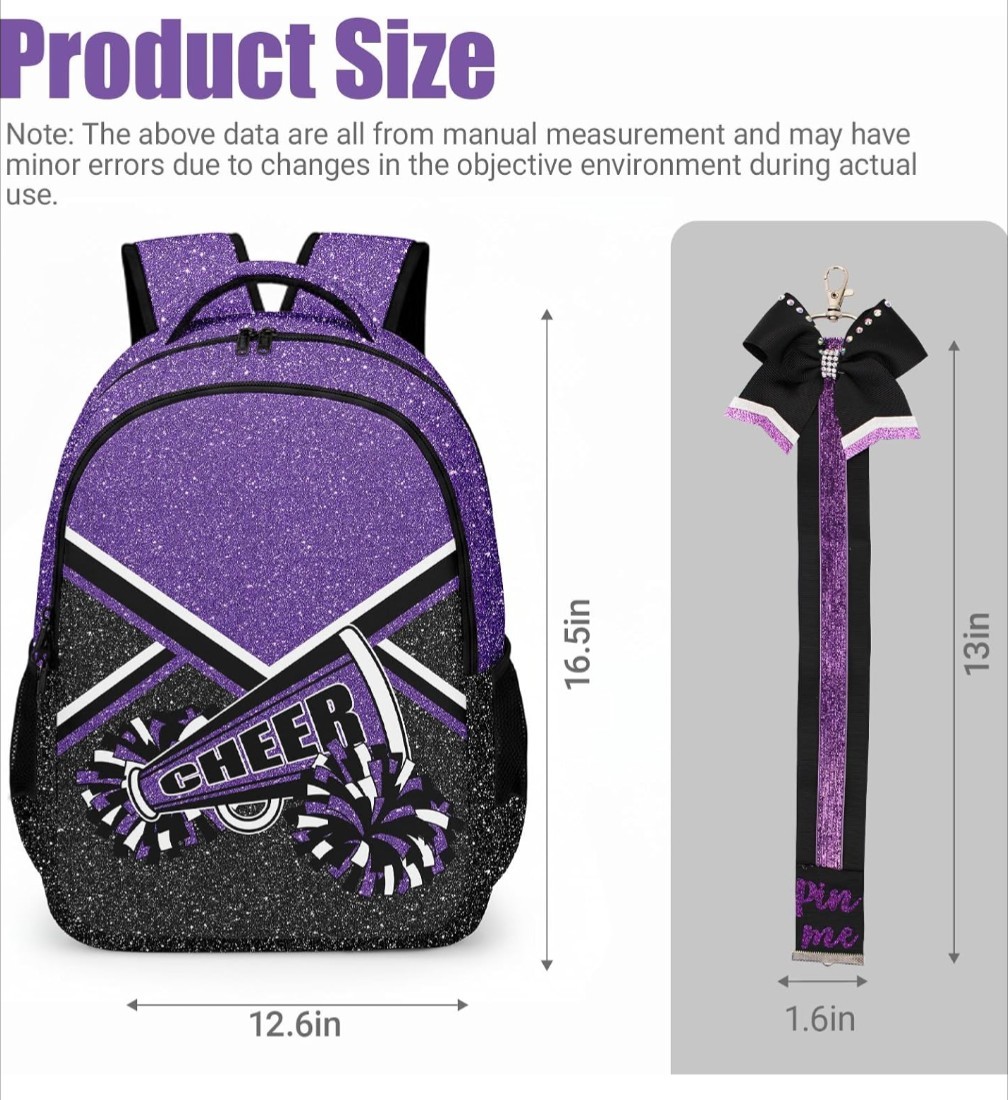 Purple Black Glitter Canvas Cheerleading Backpack 16.5×12.6in Side Mesh