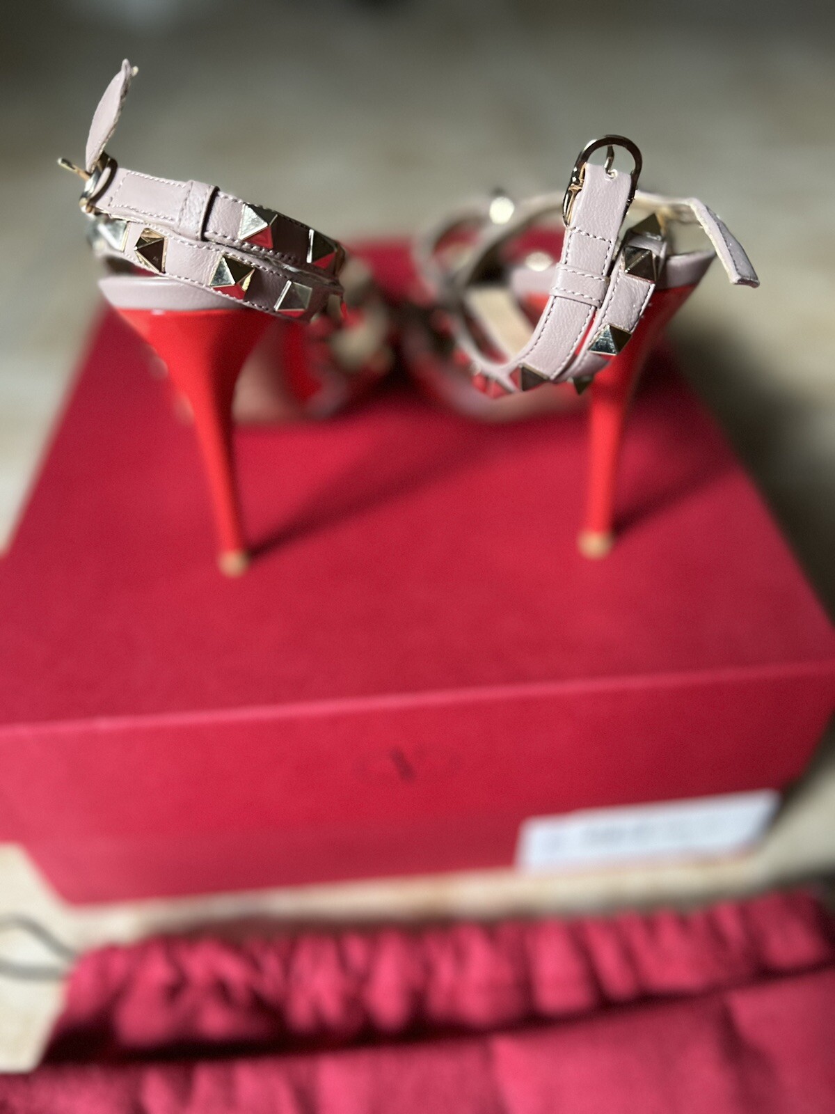 Valentino Studded Ankle Strap Stiletto Pointed Toe Leather Heels Red 36.5