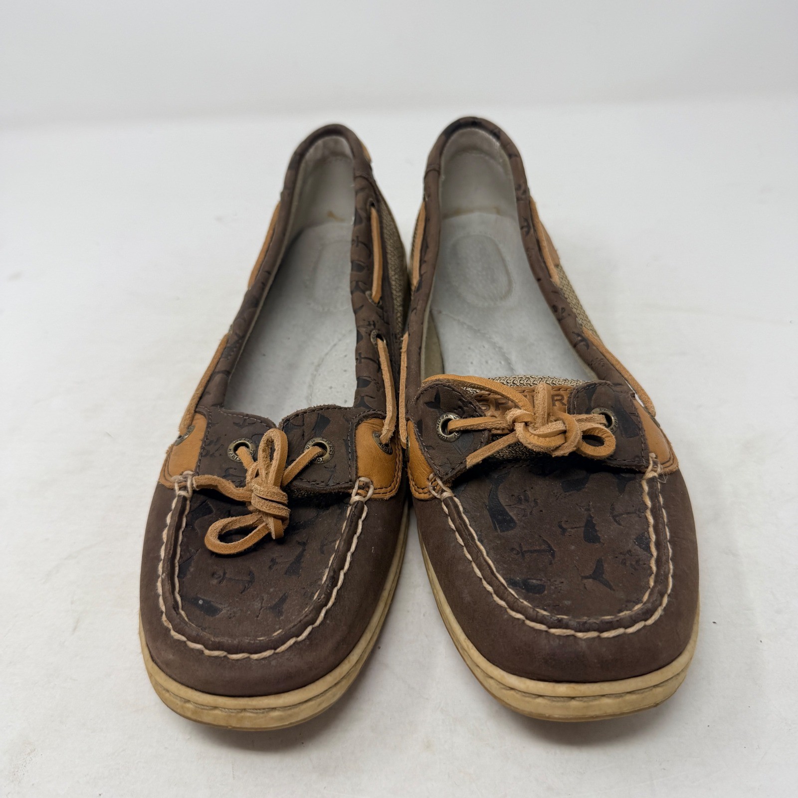 Sperry Top-Sider Brown Nautical Anchor Print Leather Mesh Boat Shoes Size 10