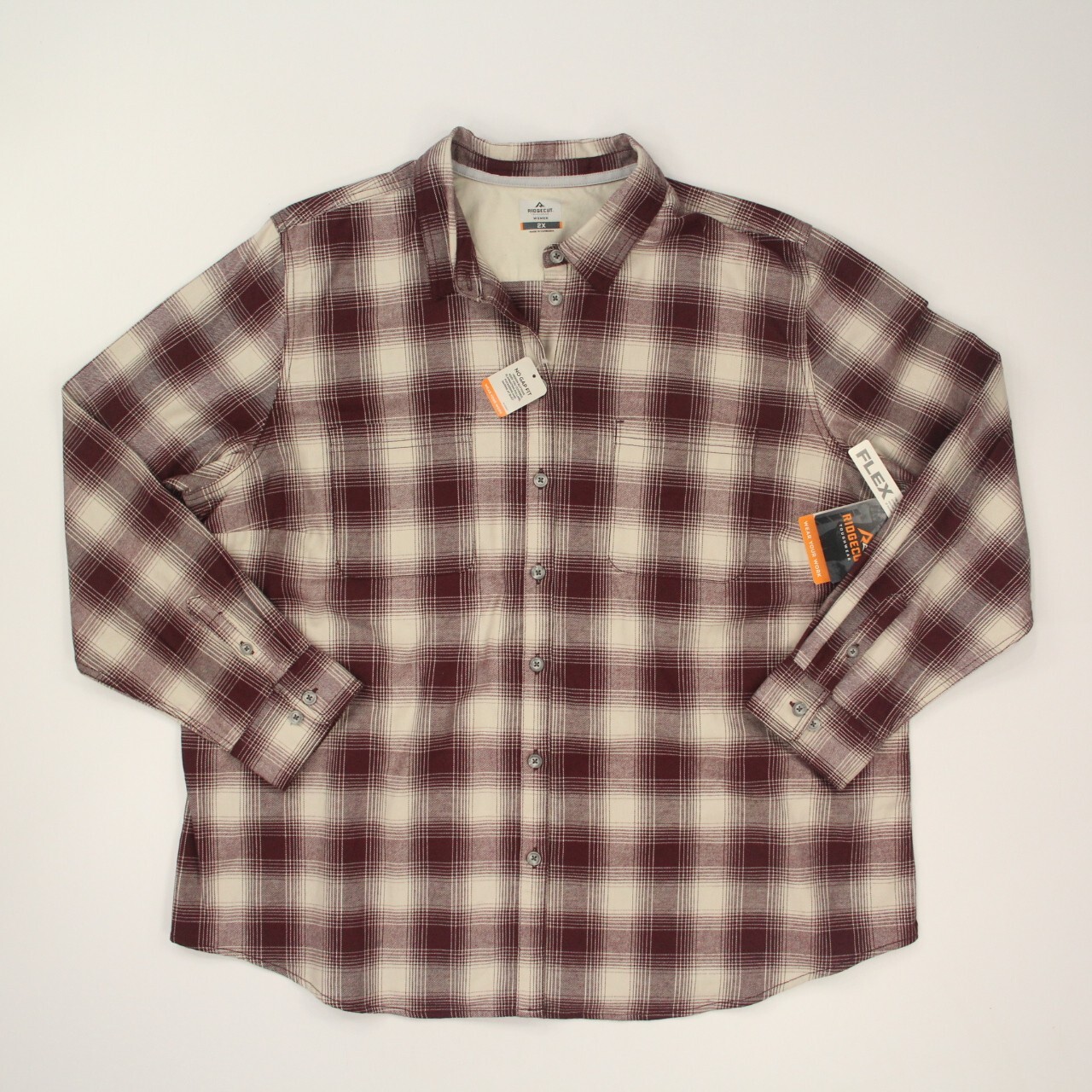 Ridgecut Flannel Flex No Gap Work Long Sleeve Shirt Plus Size 2X Wine Plaid NWT