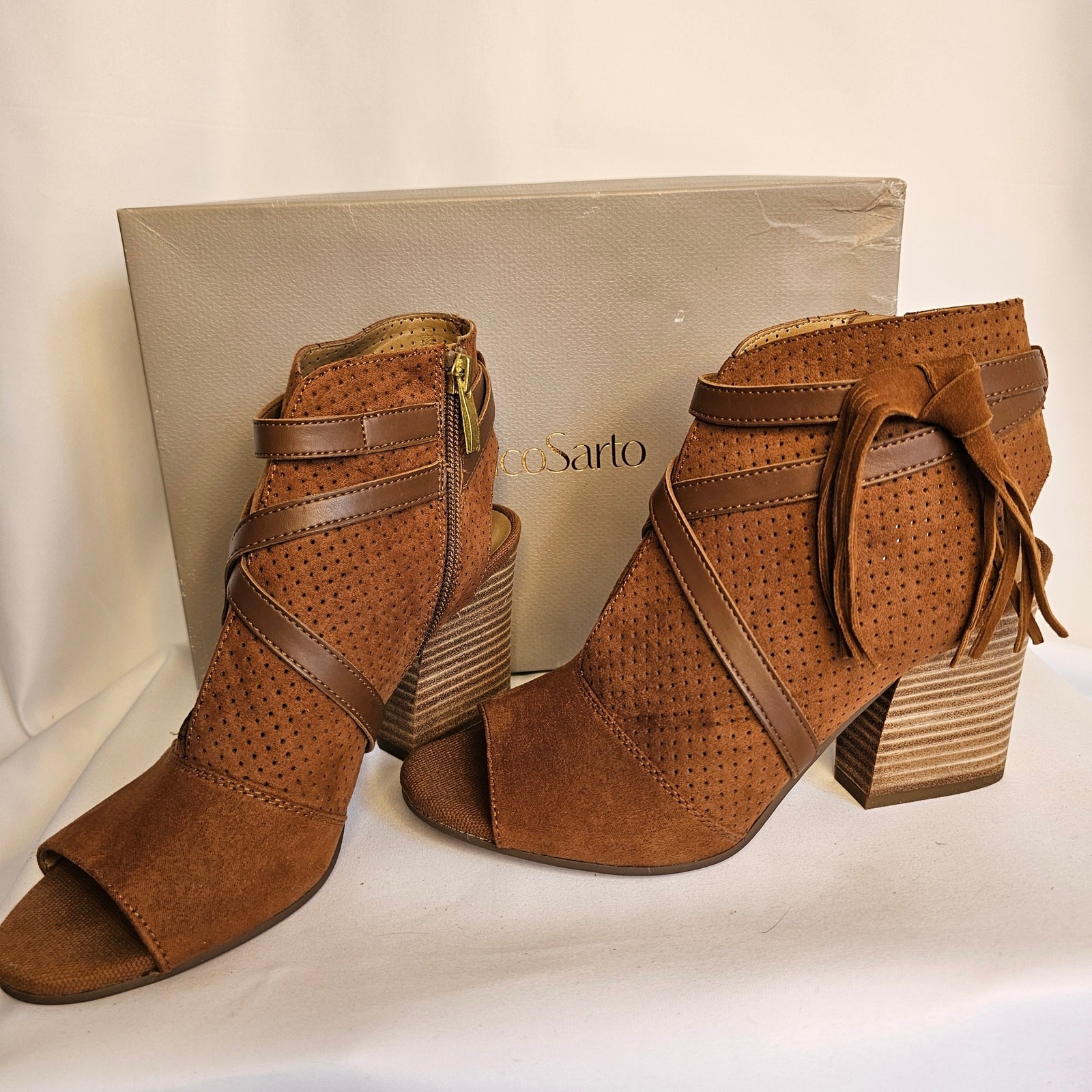 NIB 7 Peep-Toe Cognac Suede Block Ankle Boots Franco Sarto