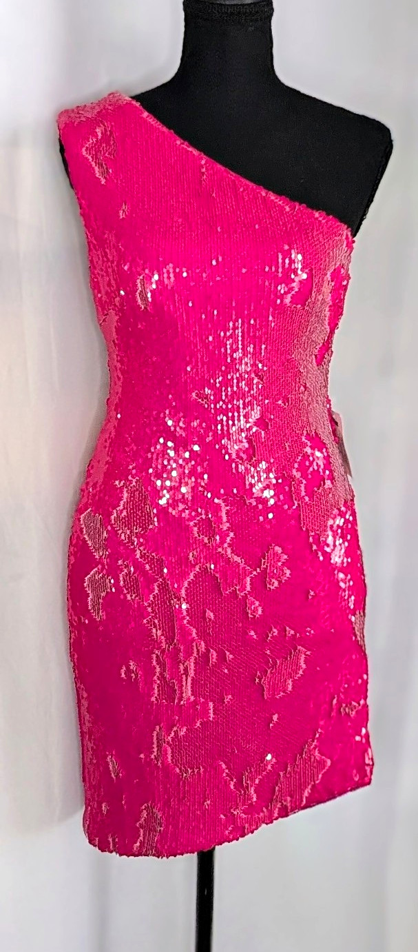 NWT Dress the Population Taryn Hot Pink Sequin One Shoulder Mini Dress S