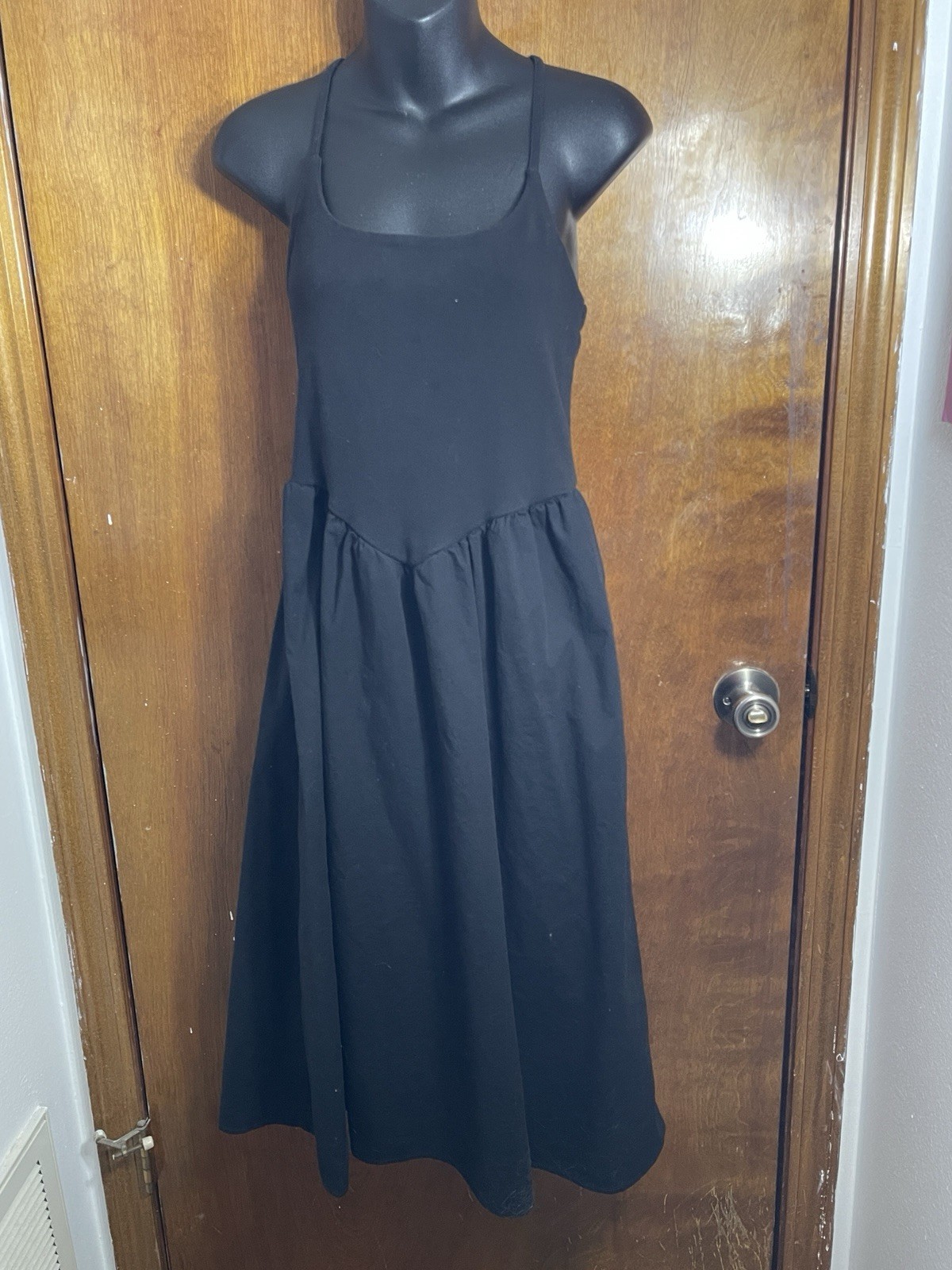 Madden Girl L Black Solid Fit & Flare Square Neck Spaghetti Strap Midi Dress