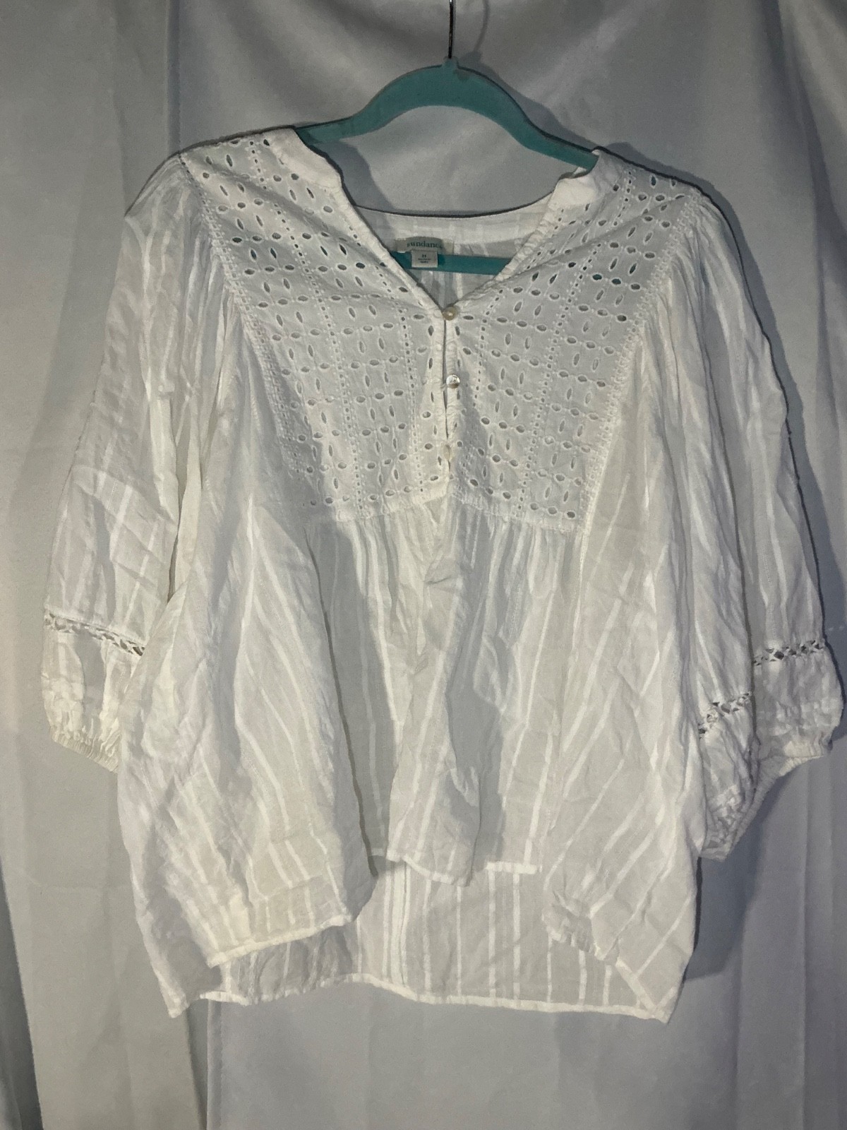 Sundance White Cotton Embroidered Peasant Blouse Size M Short Sleeves and Sheer