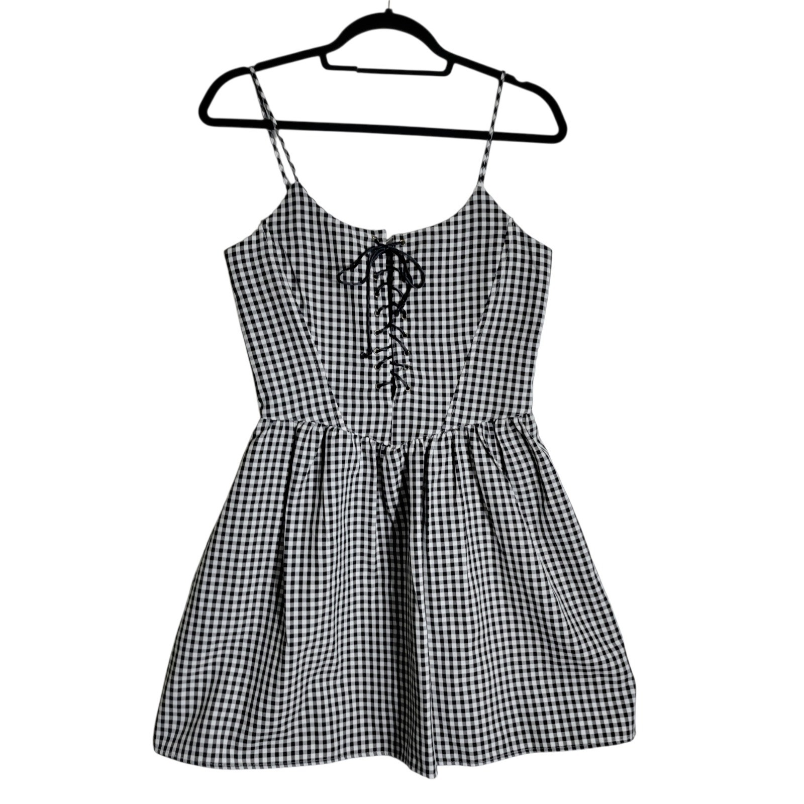 Breakin Loose Vintage Gingham Lace Up Mini Dress Black White Checkered Size 7/8