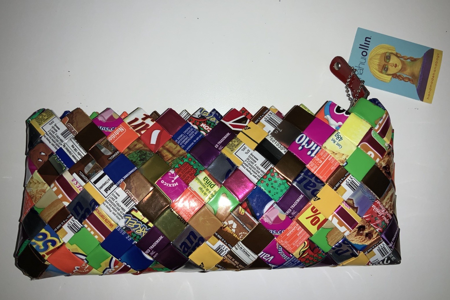 New, Nahui Ollin Candy Wrappers Clutch, Multi Colored, Wrist Strap, Hand Crafted