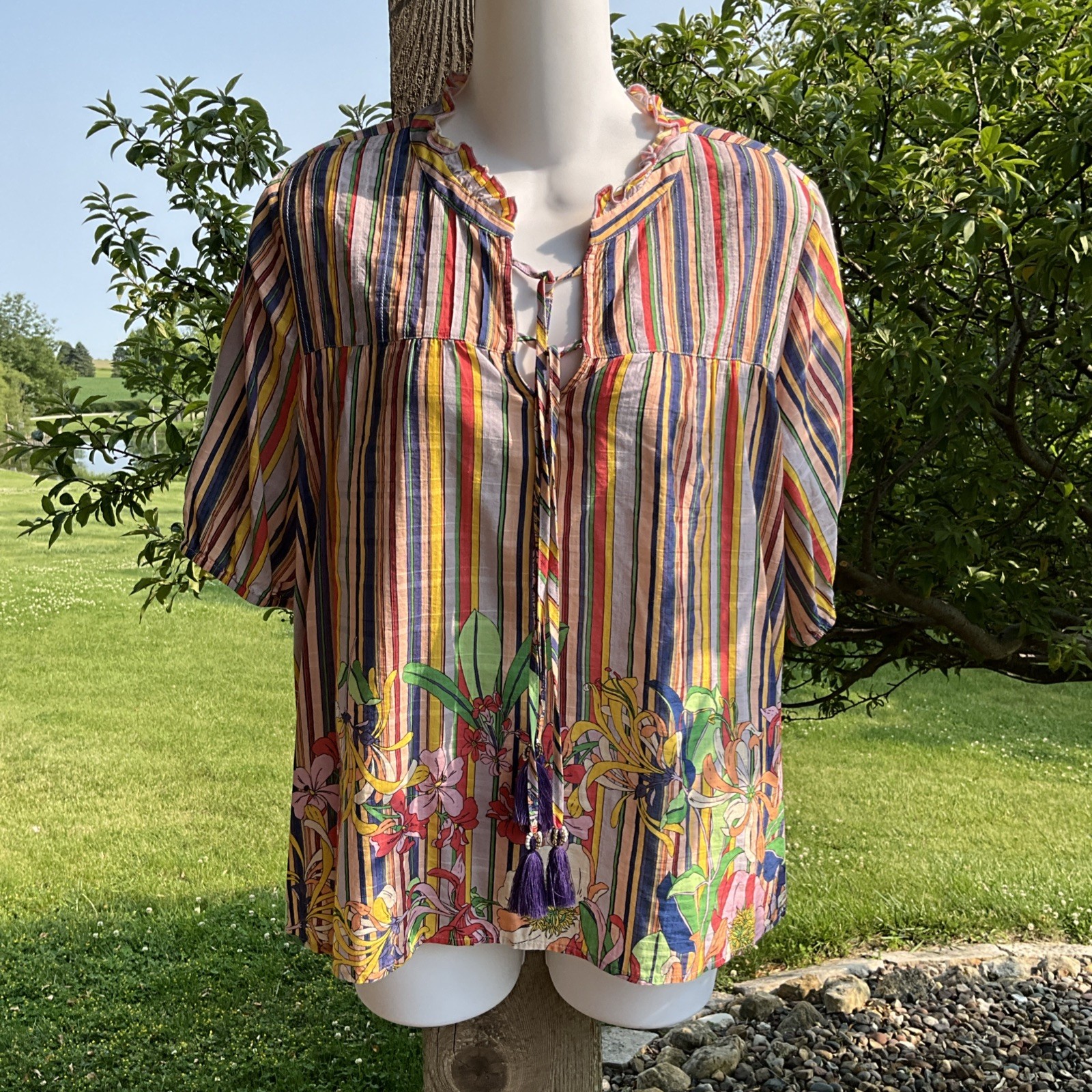 NWT$198 Johnny Was Calme Adrian Tasseled Pleated Ruffle Blouse SMALL Sample