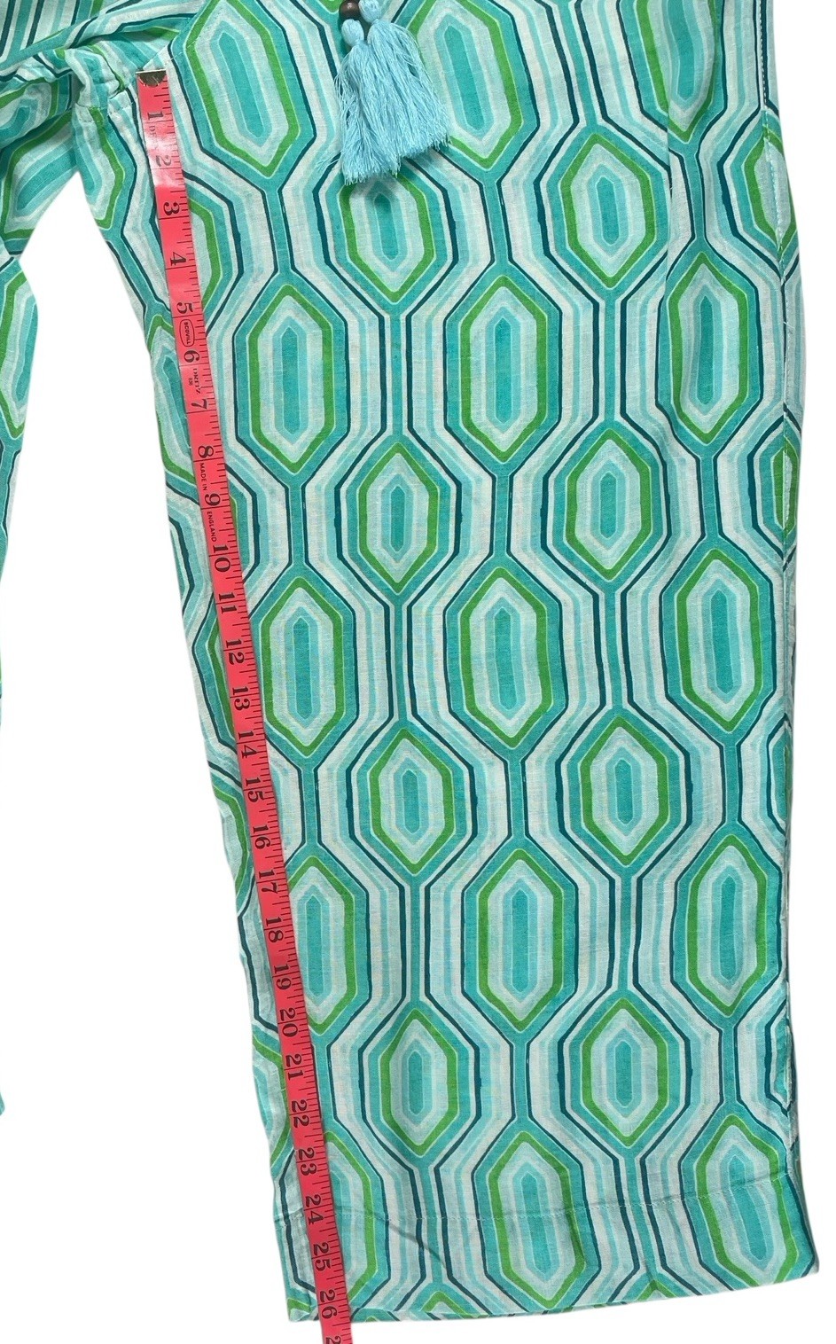 NEW Sigrid Olsen Linen Blend Coastal Beach Pants Womens M Blue Aqua Geometric