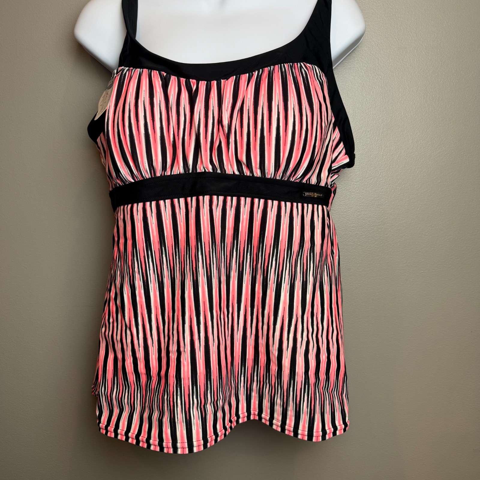 NWT ZeroXposur Starfish Tankini Top Size 16 Pink Black Striped Swim Top UPF 30+