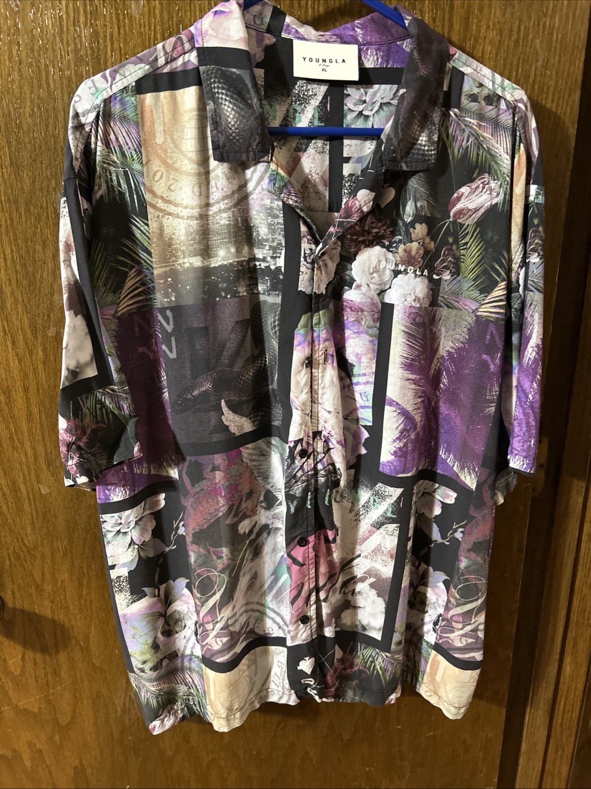 YoungLA Brand Multi Patchwork Collage Short-Sleeve Button-Down Shirt. Size XL