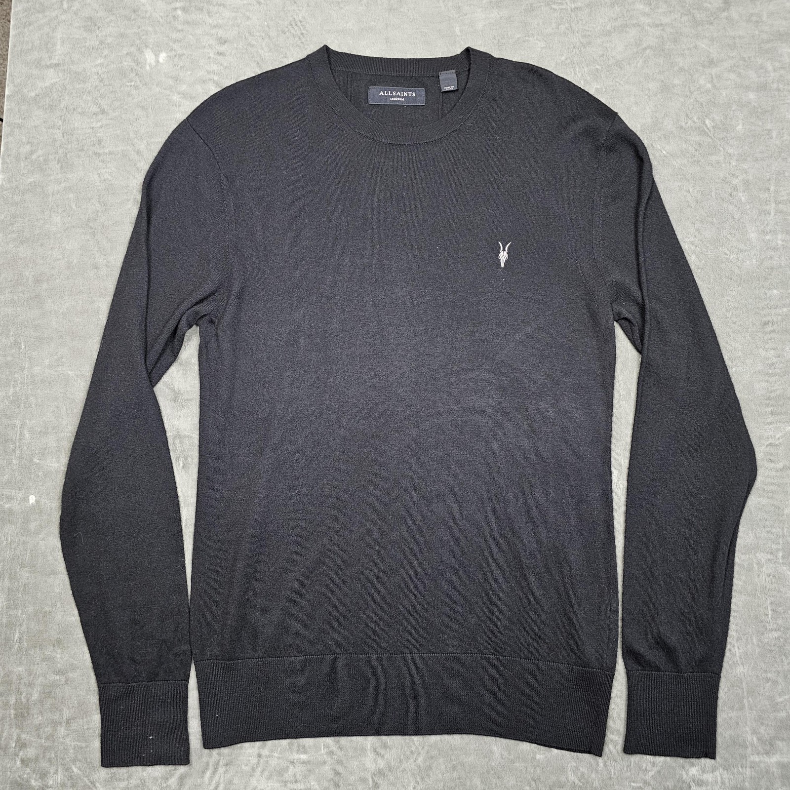 AllSaints Sweater Mens Medium Black Nomo Crew Ramskull Logo Wool Blend Pullover