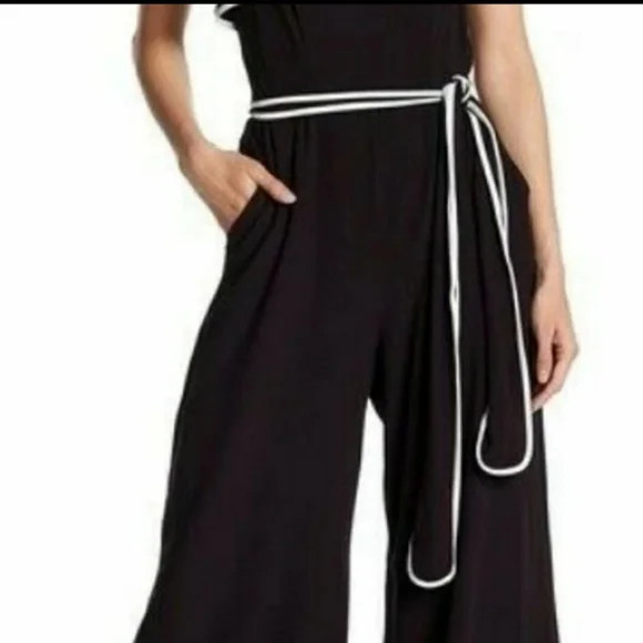 Gabby Skye One Shoulder Ruffle Gaucho Jumpsuit Black & Ivory Size 10 $150