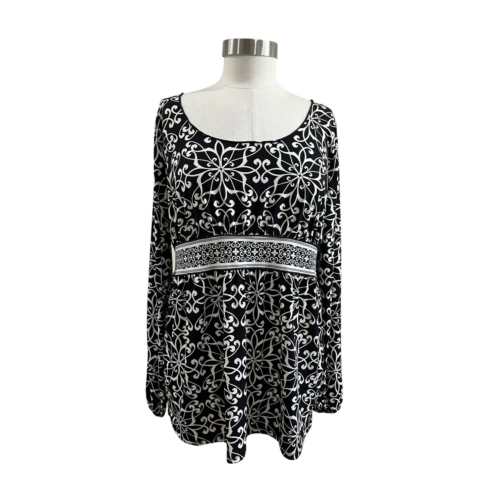 Axcess Y2K Black White Empire Waist Tunic Top Boho Long Sleeve Size L
